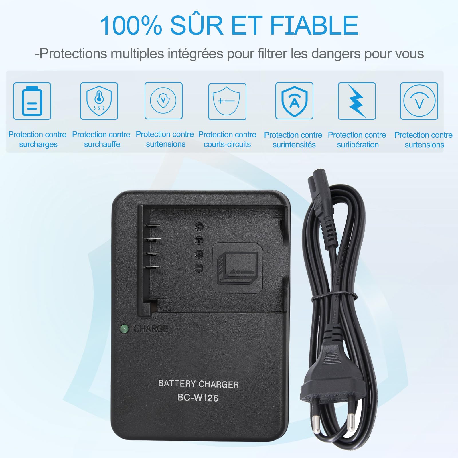 BC-W126 NP-W126 NP-W126S Chargeur de Batterie Compatible avec Fujifilm FinePix X100VI, X100V, X100F, X-A5, X-A10, X-E4, X-Pro2, X-Pro3, X-T1, X-T2, X-T3,X-T10,X-T20,X-T30,X-T30 II Appareil Photo