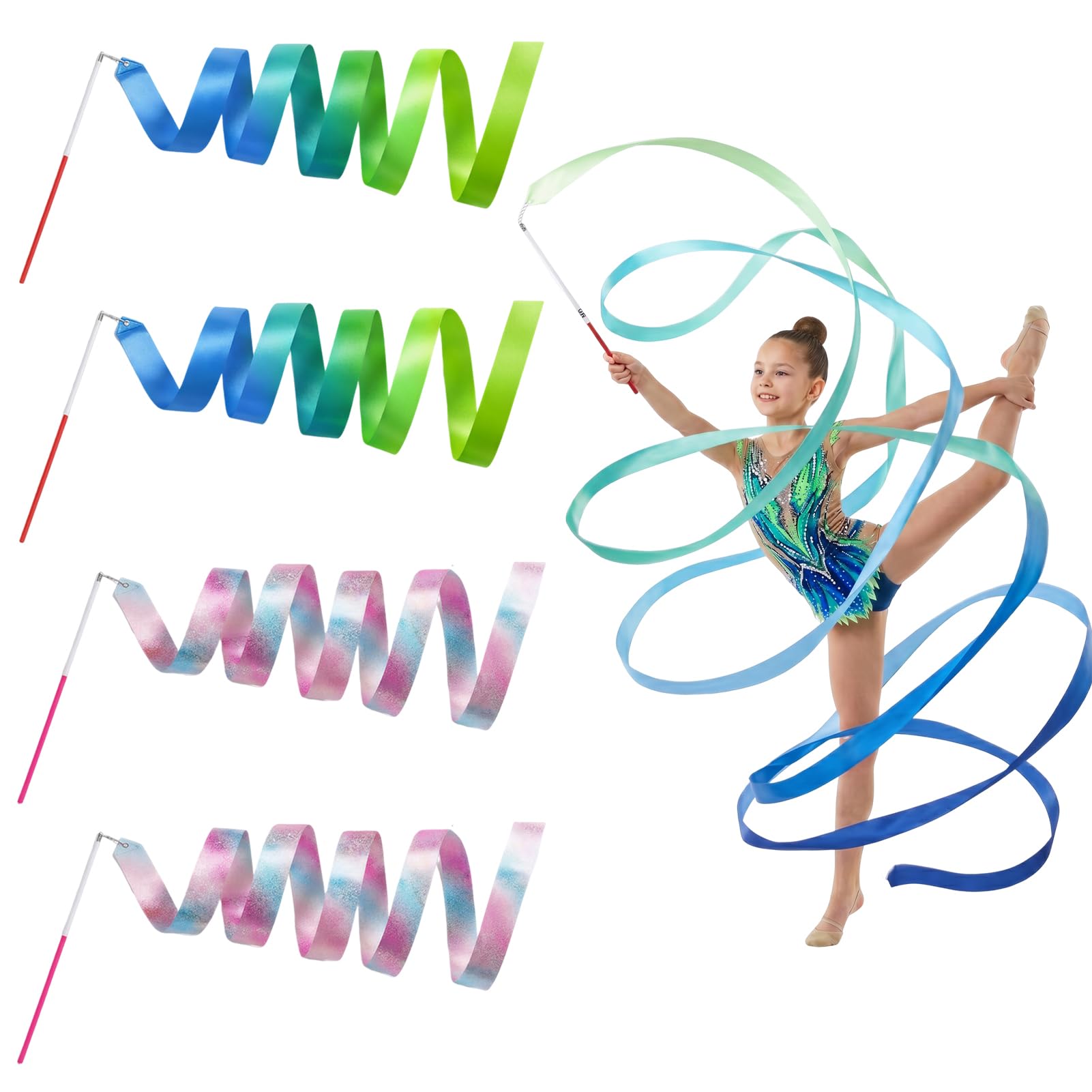 79 Inch Gymnastics Ribbon, 4 Pcs Colorful Dance Ribbons for Children with Wand, Kids Dancing Ribbon Streamers for Talent Shows, Artistic Dancing, Baton Twirling - Green & Pink