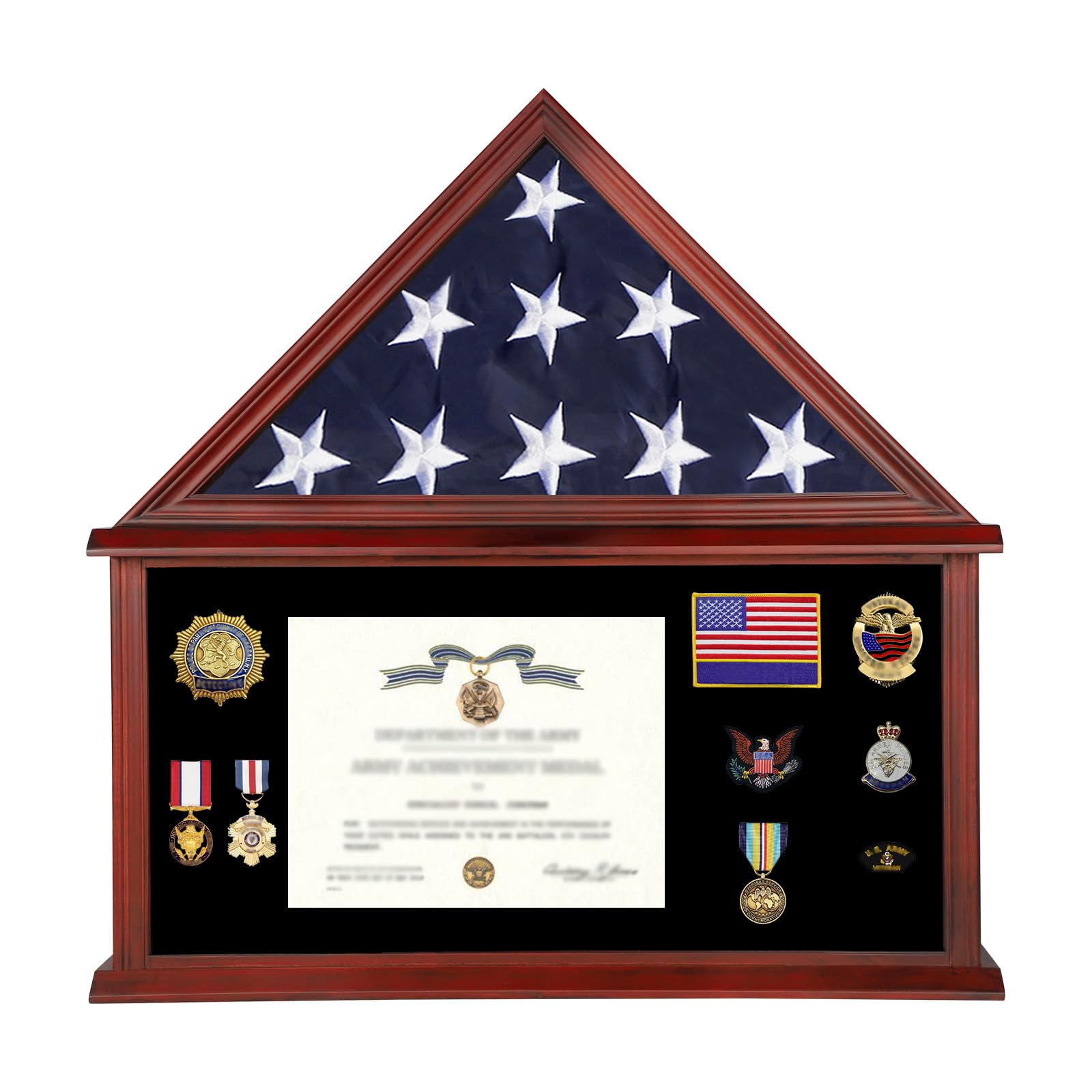 Large Burial Flag Display Case - American Solid Wood Military Shadow Box With Tempered Glass and Certificate Holder, Fits 5' X 9.5' Folded Flag, Mahogany Finish