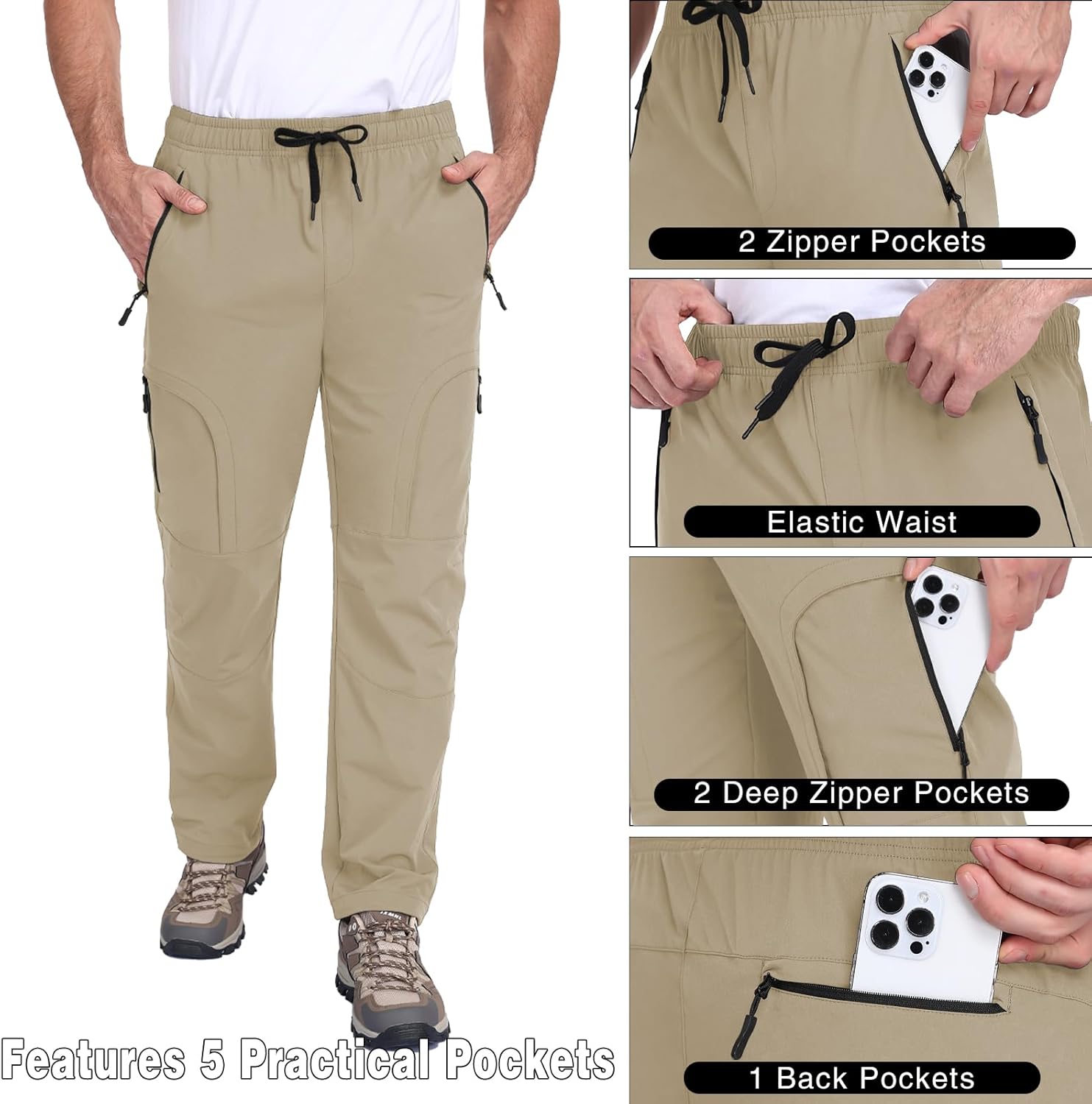 Men's Lightweight Hiking Pants with 5-Pocket Design Breathable Water-Resistant Quick Dry