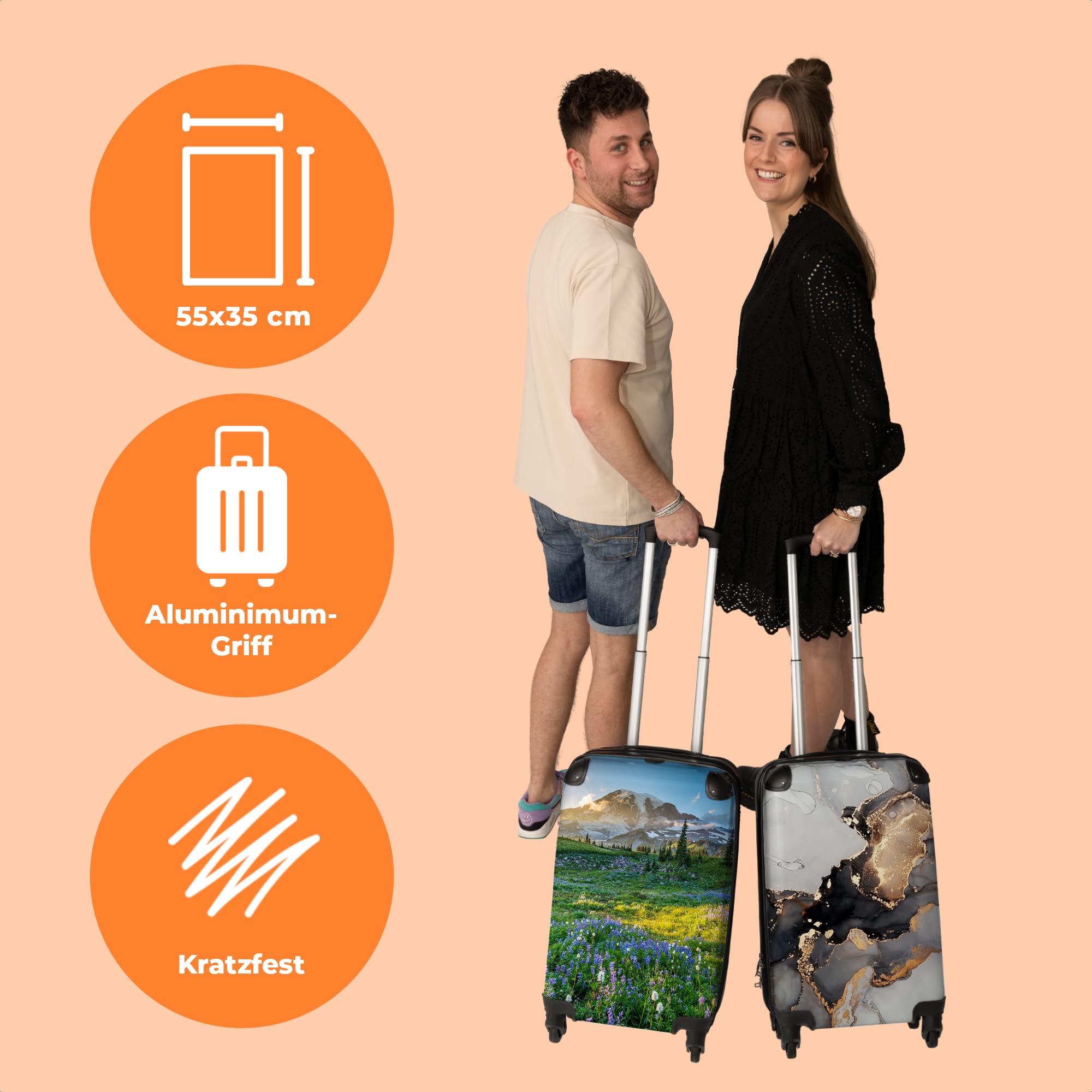 NoBoringSuitcases© Valigia a mano | Trolley per cabina, leggero, 4 ruote, motivo paesaggio di montagna, lucchetto a combinazione, resistente ai raggi UV,