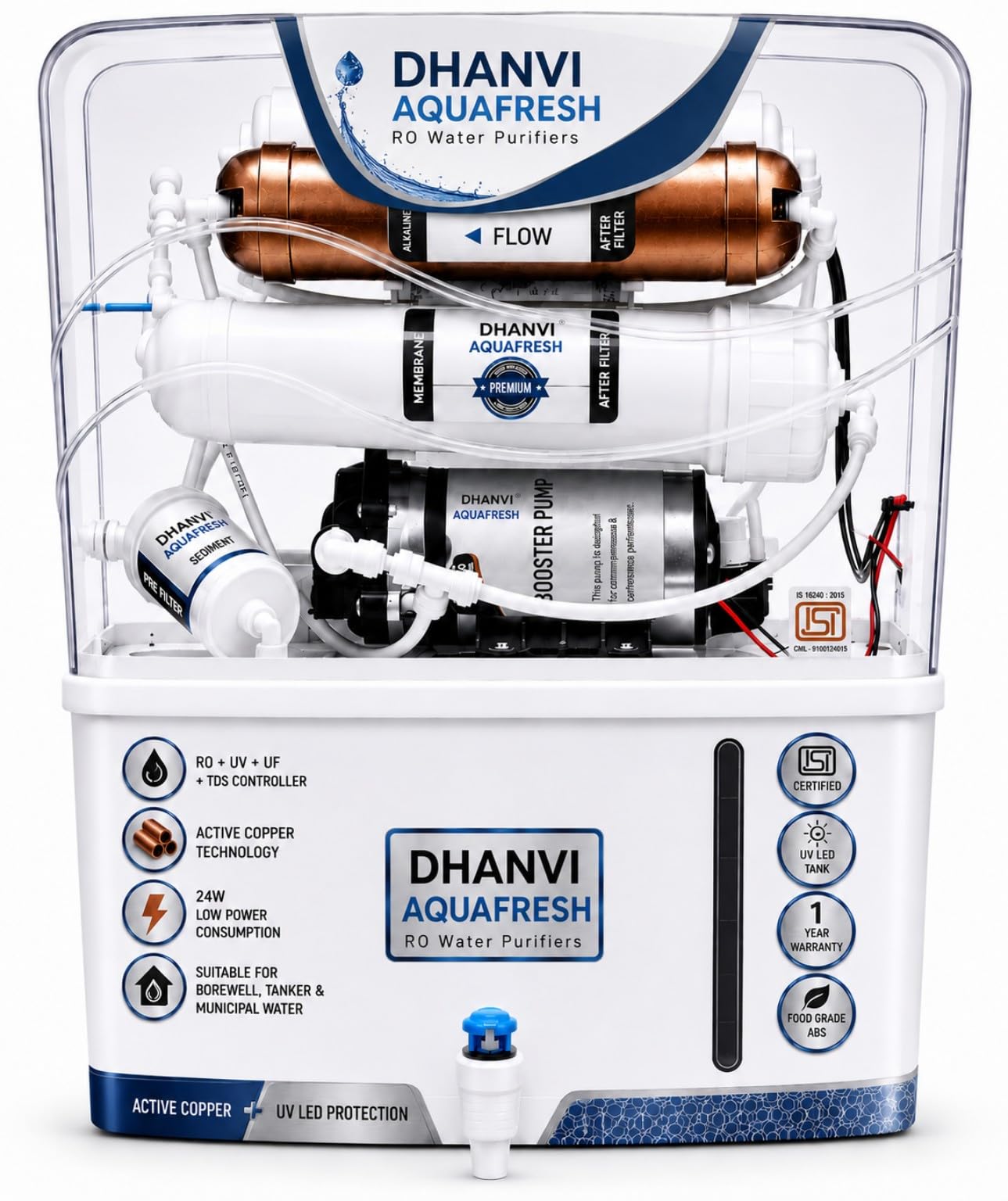 DHANVI Aqua Fresh ISI Mark Water Purifier for Home | RO + UV + UF + Active Copper + UV LED Water Purification | 10L Storage Tank | TDS Controller | Suitable for All Sources-image-48