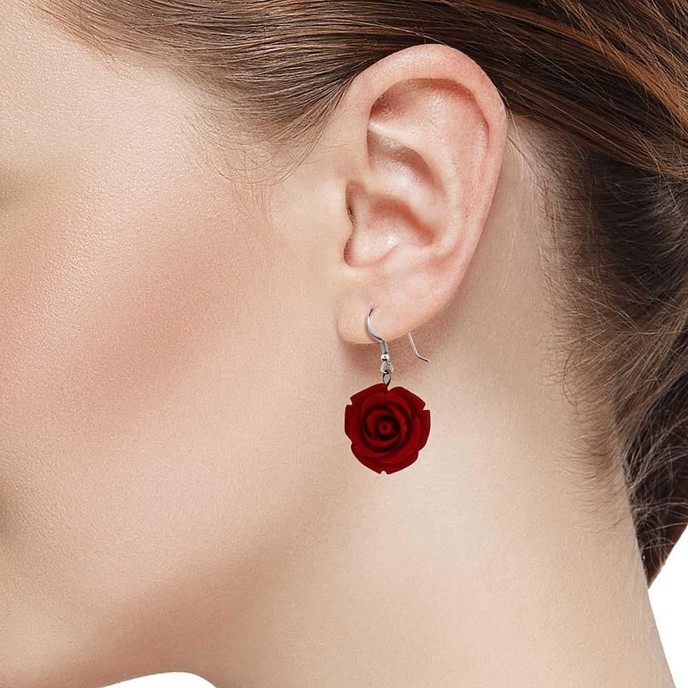 Gem Stone King 20MM 925 Sterling Silver Red Simulated Coral Carved Rose Flower Earrings - Image 4