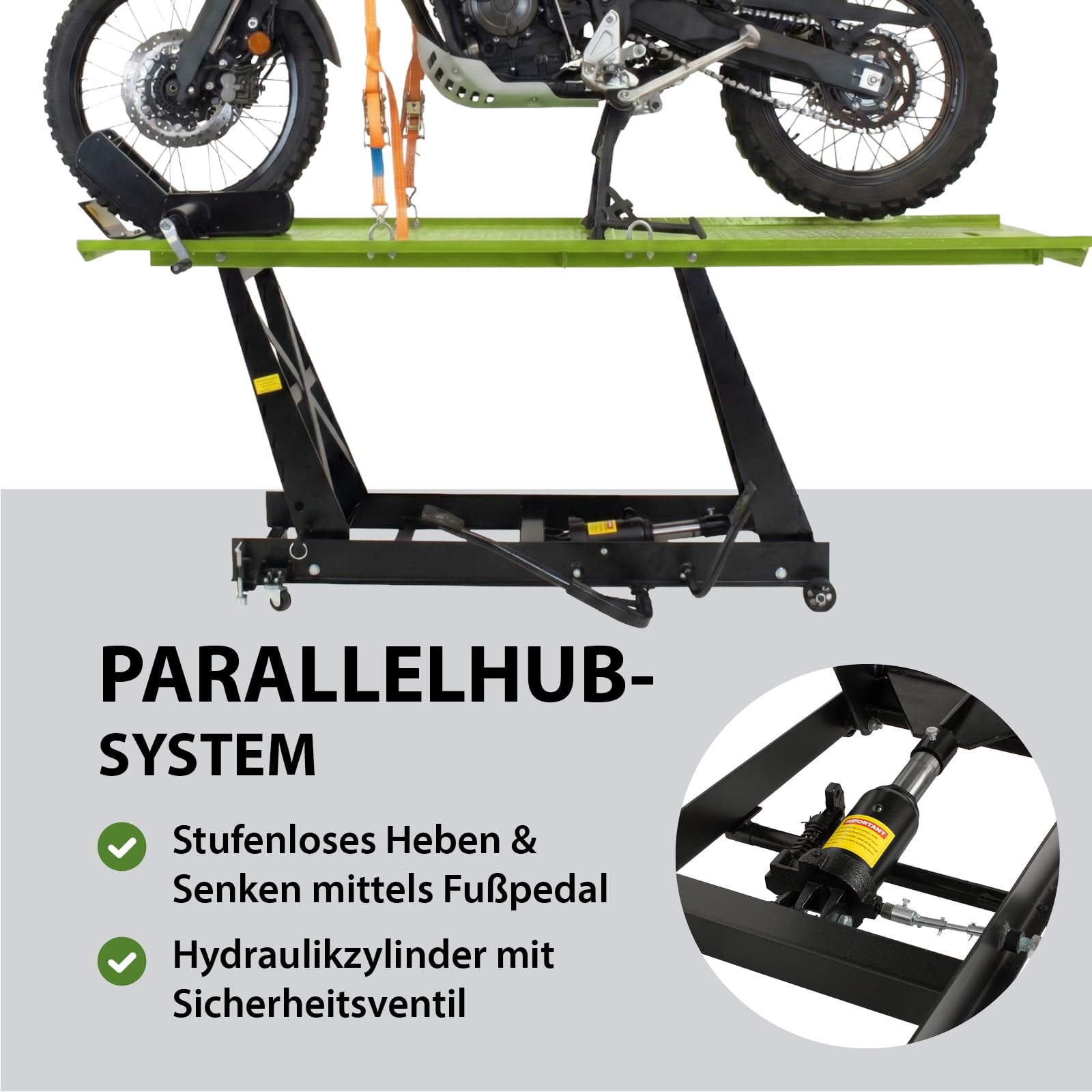 TRUTZHOLM Motorradhebebühne hydraulisch Tragkraft 450 kg Motorradheber Extra-Breit 68 cm Hubbereich 20-84 cm abnehmbare Auffahrrampe 4 Halteösen 45° Vorderradklemmung Parallelheber Hebebühne (Grün)