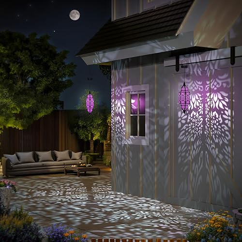 Miniatura 5 de Paquete de 2 luces solares colgantes para jardín, farol solar decorativo para exteriores, impermeables, de metal, marroquí, decoraciones al aire
