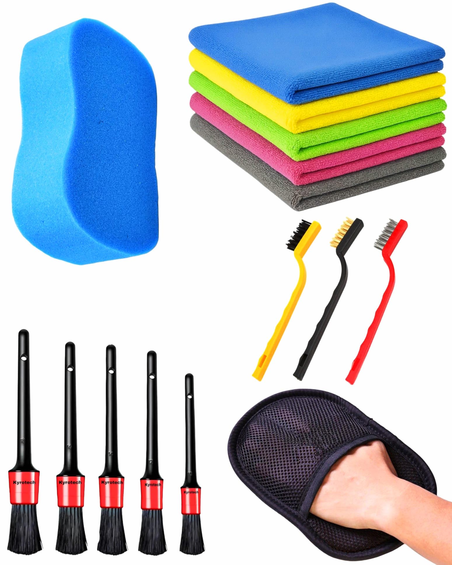 Kyrotech 15’li Oto Temizlik ve Detaylandırma Seti, 5’li Detay Fırçası, 3’lü Jant Ve Zor Kir Fırçası, 5’li Mikrofiber Bez, Yün Polisaj Eldiveni, Araç Yıkama Süngeri, Araç Profesyonel Car Detailing