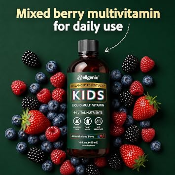 Wellgenix Balanced Essentials Kids Liquid Multivitamin, 16 Fl Oz | 94 vital nutrients, vitamins, minerals, and omega 3-6-9 in a mixed berry liquid picky eaters enjoy, no gummies or pills