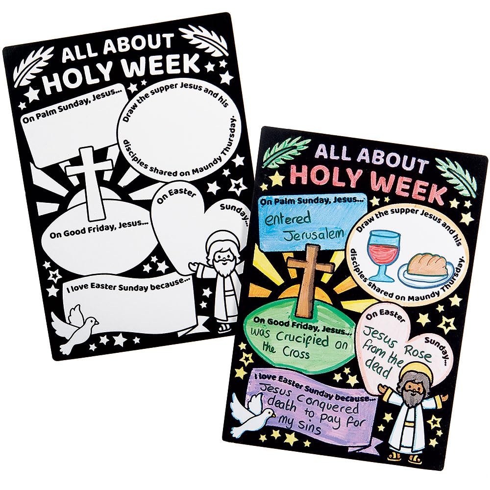 Baker Ross WA129 All About Holy Week Fuzzy Art Posters - Pack of 6, Educational Colouring Posters for Easter Celebrations