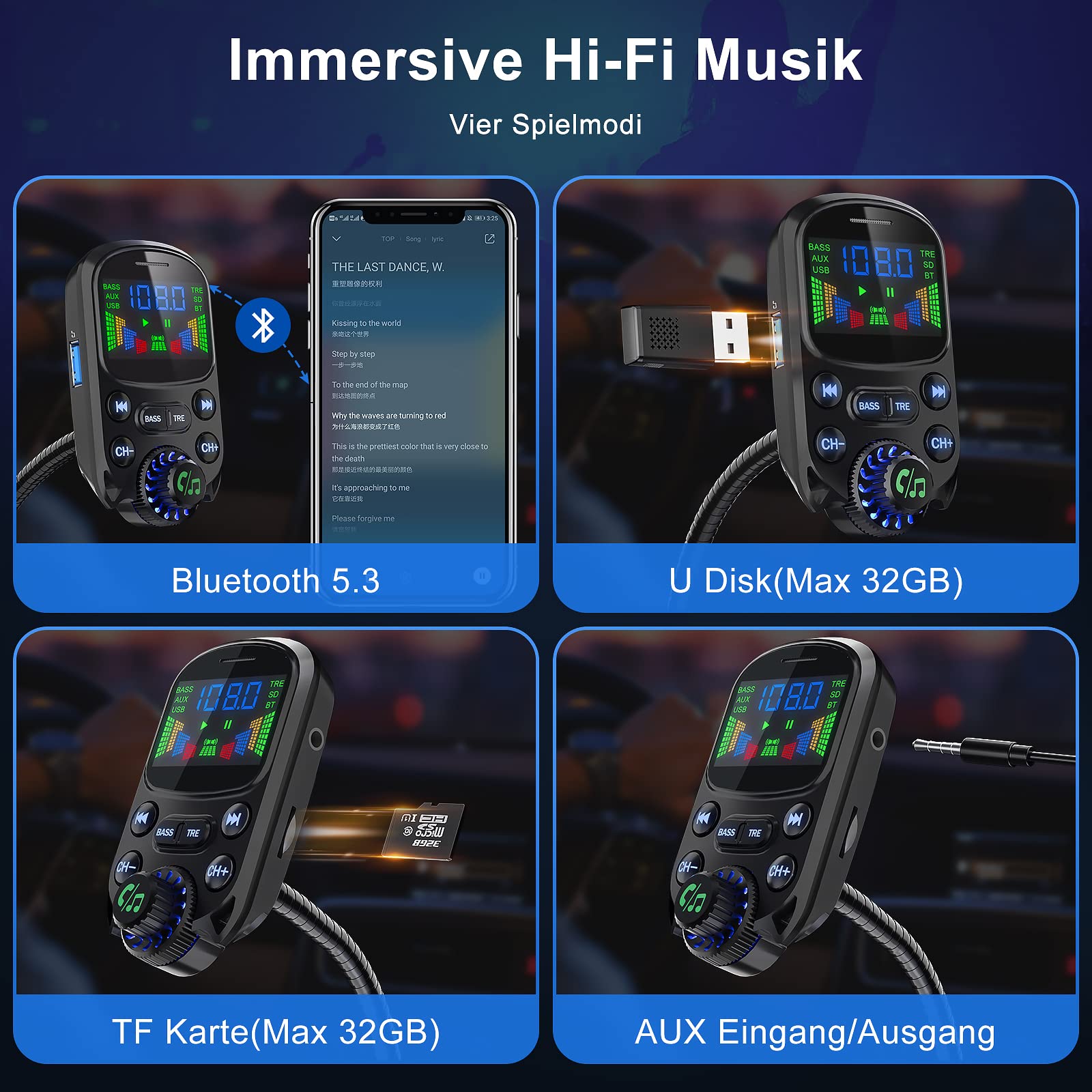 Bluetooth 5.3 FM Transmitter für Auto - 30W Dual USB Ladegerät mit QC3.0 & PD3.0, Kfz Radio mit Freisprechanlage und Höhen- und Bassanpassung, unterstützt U Disk/TF Karte/AUX