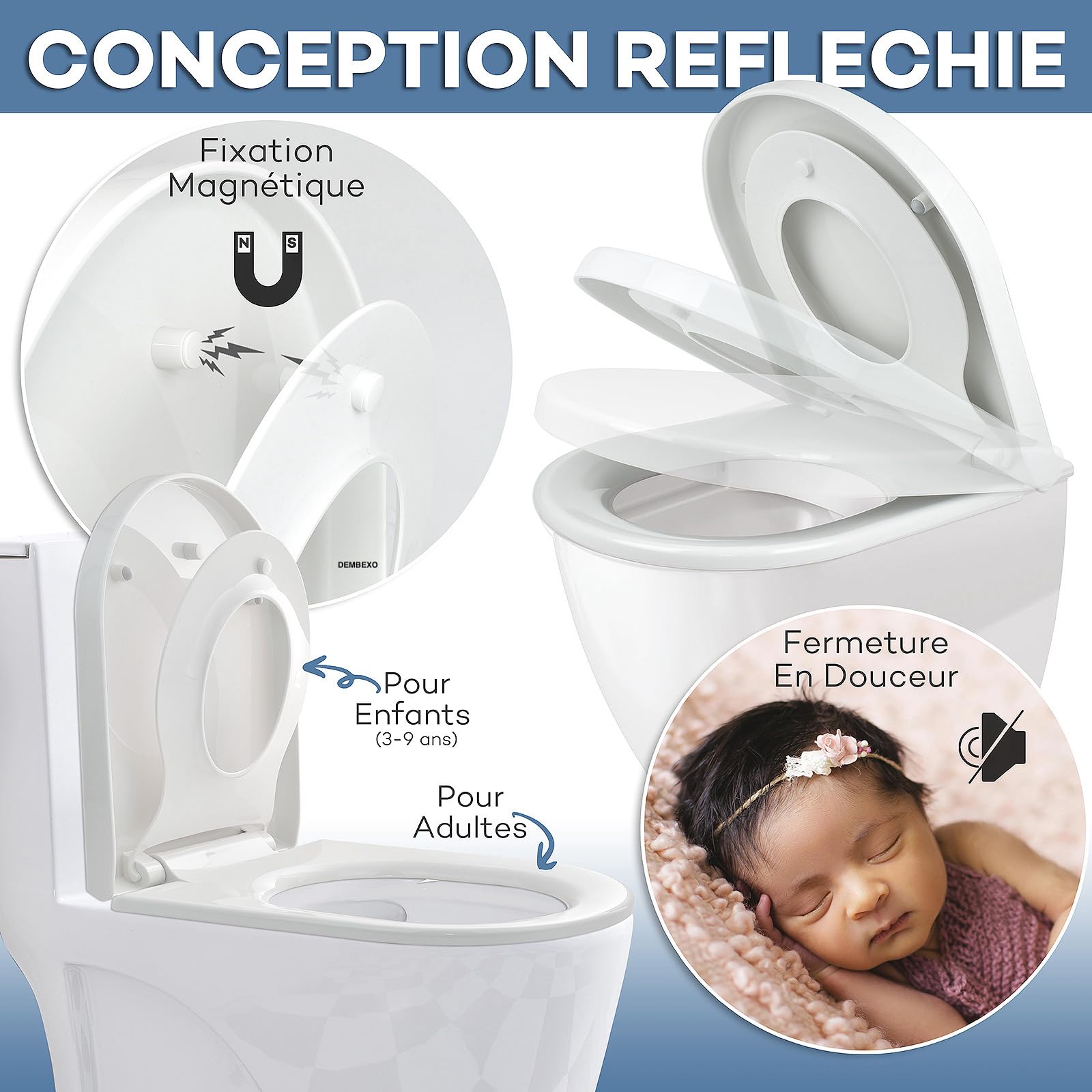 Abattant WC Familial avec Siège Enfant, Frein de chute, Lunette WC Familial pour Enfant et Adulte, Amovible en forme de D, Fermeture en Douceur, Démontage en un clic, nettoyage facile.