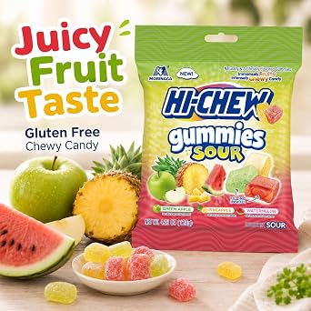 Hi-Chews Gummy Candy, 9 Bags, Soft Chew Fruit Candy for Snacking and Sharing, Green Apple Pineapple Watermelon Flavors, Gluten Free Sweet and Sour Gummies Candies