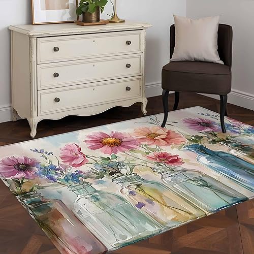 Miniatura 5 de 2.7x5 Area Rugs, Colorful Flowers Non-Skid Rubber Backing Large Rectangle Rugs - Living Room Bedroom Home Office, Country Retro Watercolor Spring