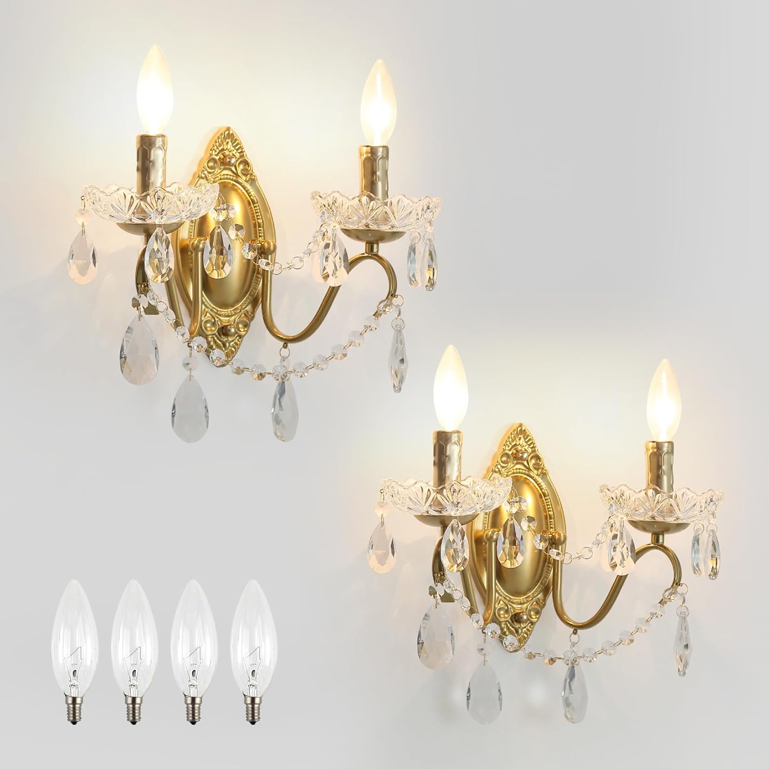Gold Sconces Wall Decor Set of 2, Modern Vintage Hardwired Wall Mounted Light Fixtures with Iron Frame & K9 Crystal,for Bedroom Bathroom Living Room Hallway Stairway