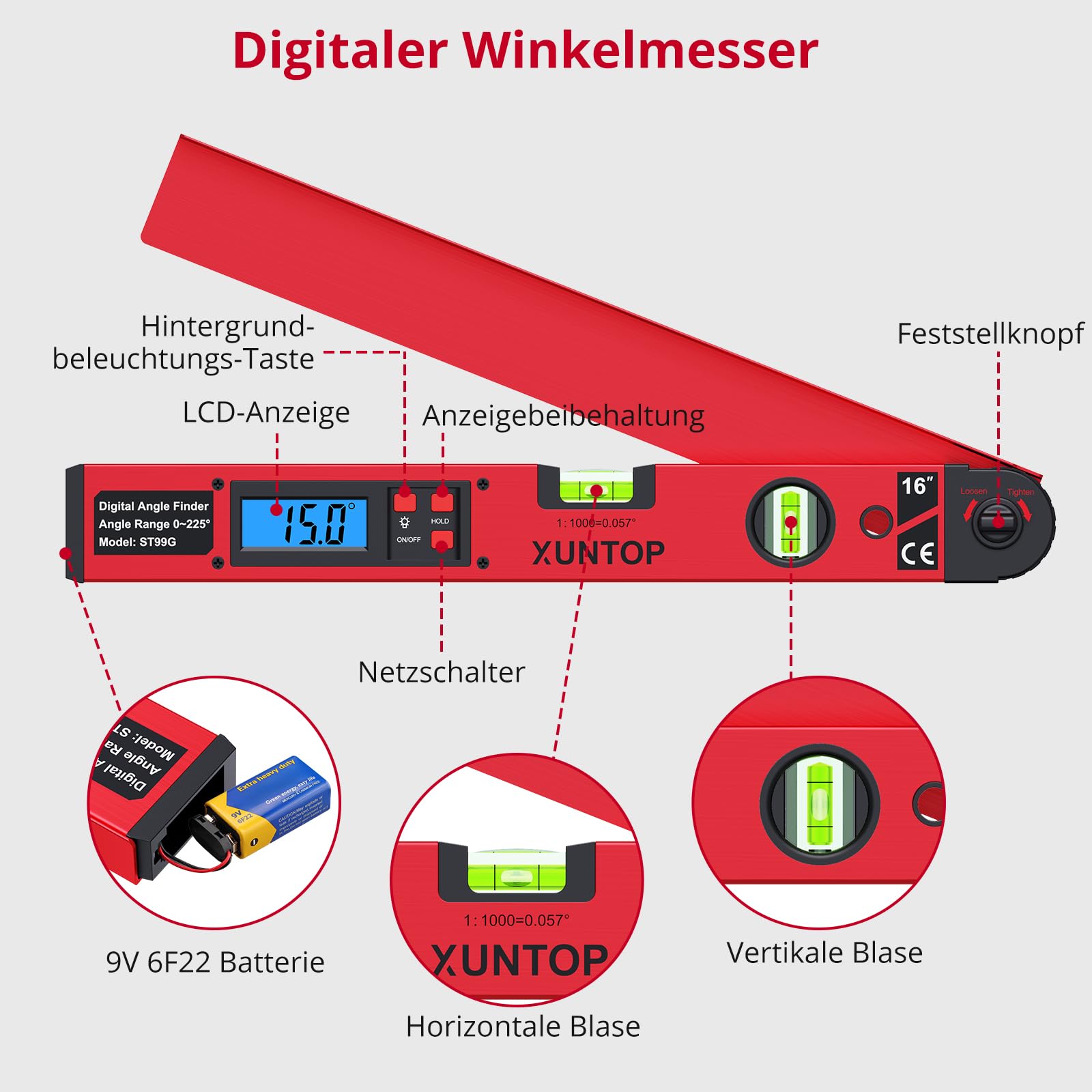 XUNTOP Digital Winkellineal Horizontale Winkelmesslehre 225° Winkelmessgerät Aluminiumlegierung mit LCD-Anzeige Winkel Anzeige für Tischlerei, Bauwesen, Heimwerken usw