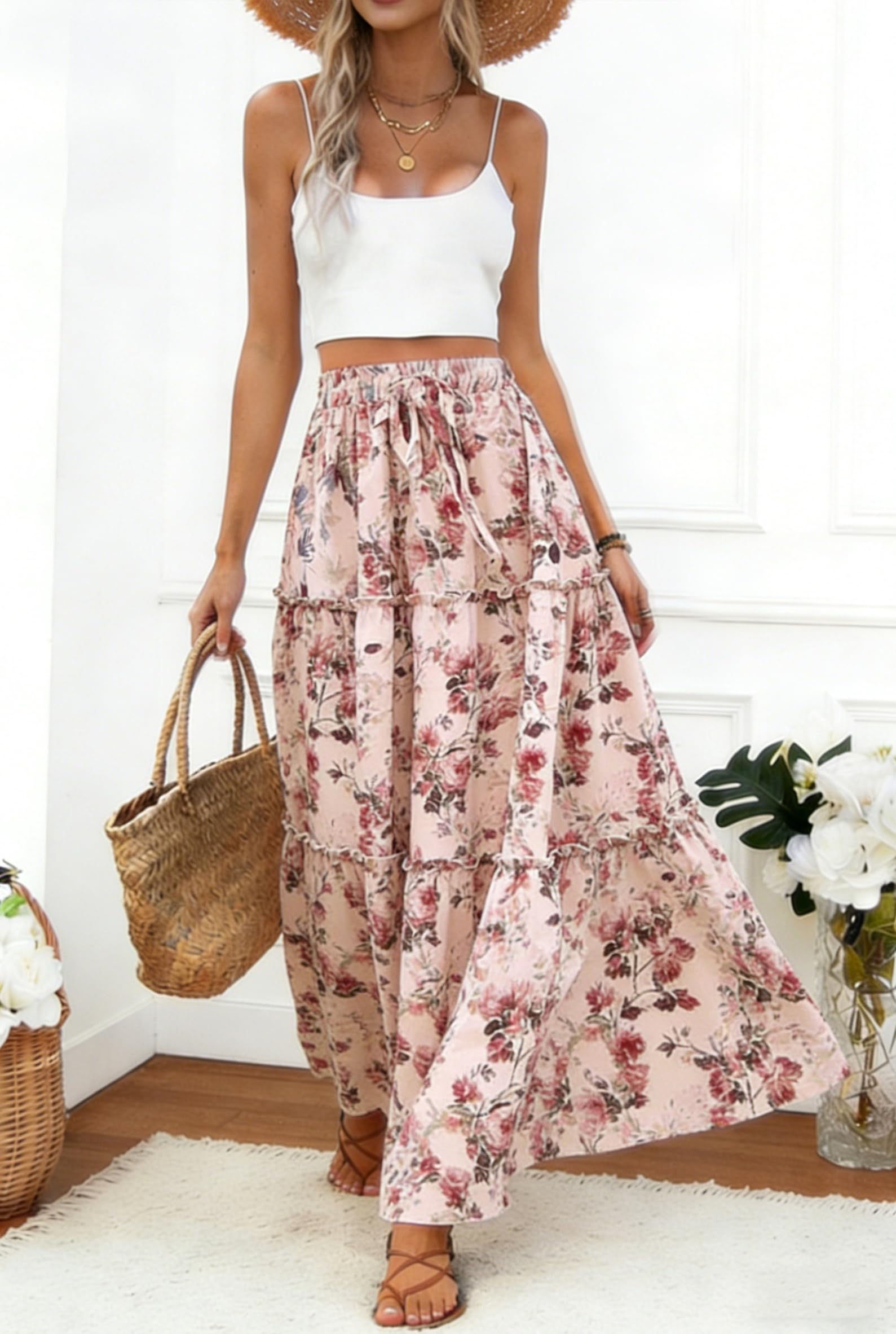 Falda Larga Cintura Alta Elegante Maxi con Bolsillos A-línea Elástica Bohemio Playa Verano