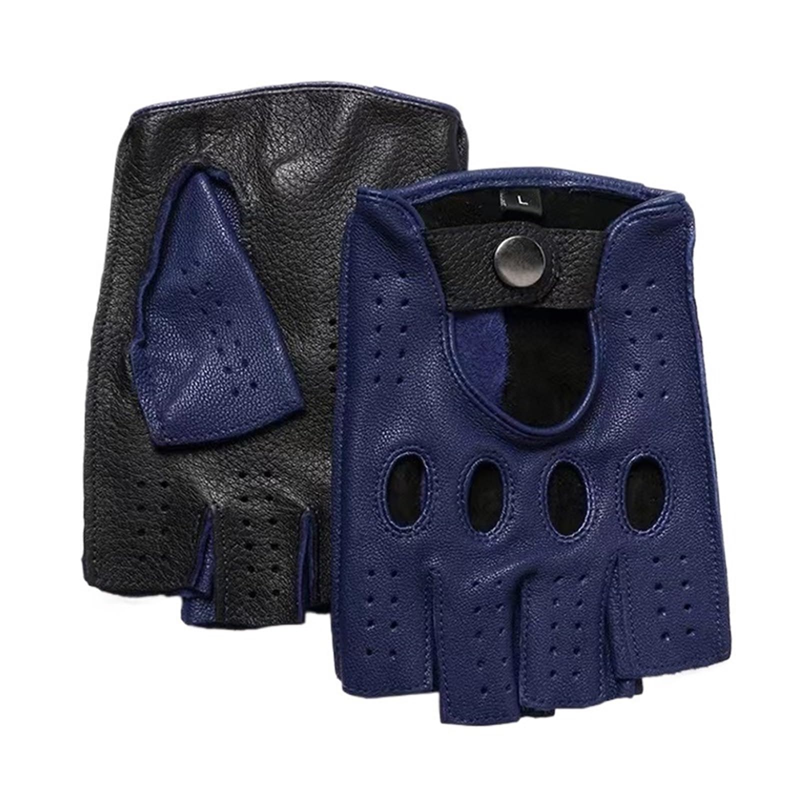 Guanti da guida in pelle Guanti da motociclista in pelle uomo, mezze dita, in di capra blu, con blocchi colore, for locomotiva, ciclismo, sottili