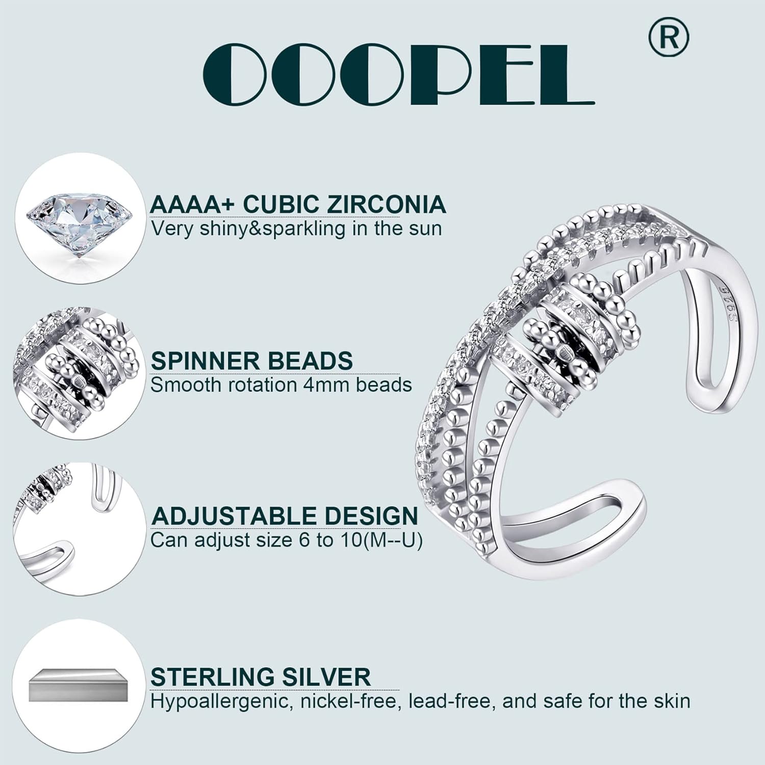 OOOPEL Sterling Silver Anxiety Ring With Inspirational Card,S925 Adjustable Fidget Rings For Anxiety Women Cubic Zirconia Spinner Ring For Stress Relief With Jewelry Box Bague Anxiete Femme