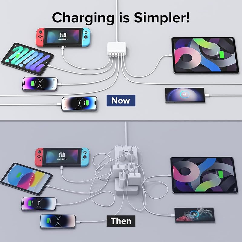 Zomvan 100W USB-C Gyorstöltő 6 Portos - 3 USB-C és 3 USB-A Töltőállomás iPhone 16/15/14, Samsung S24/S23, iPad és Okostelefonok Számára
AI: