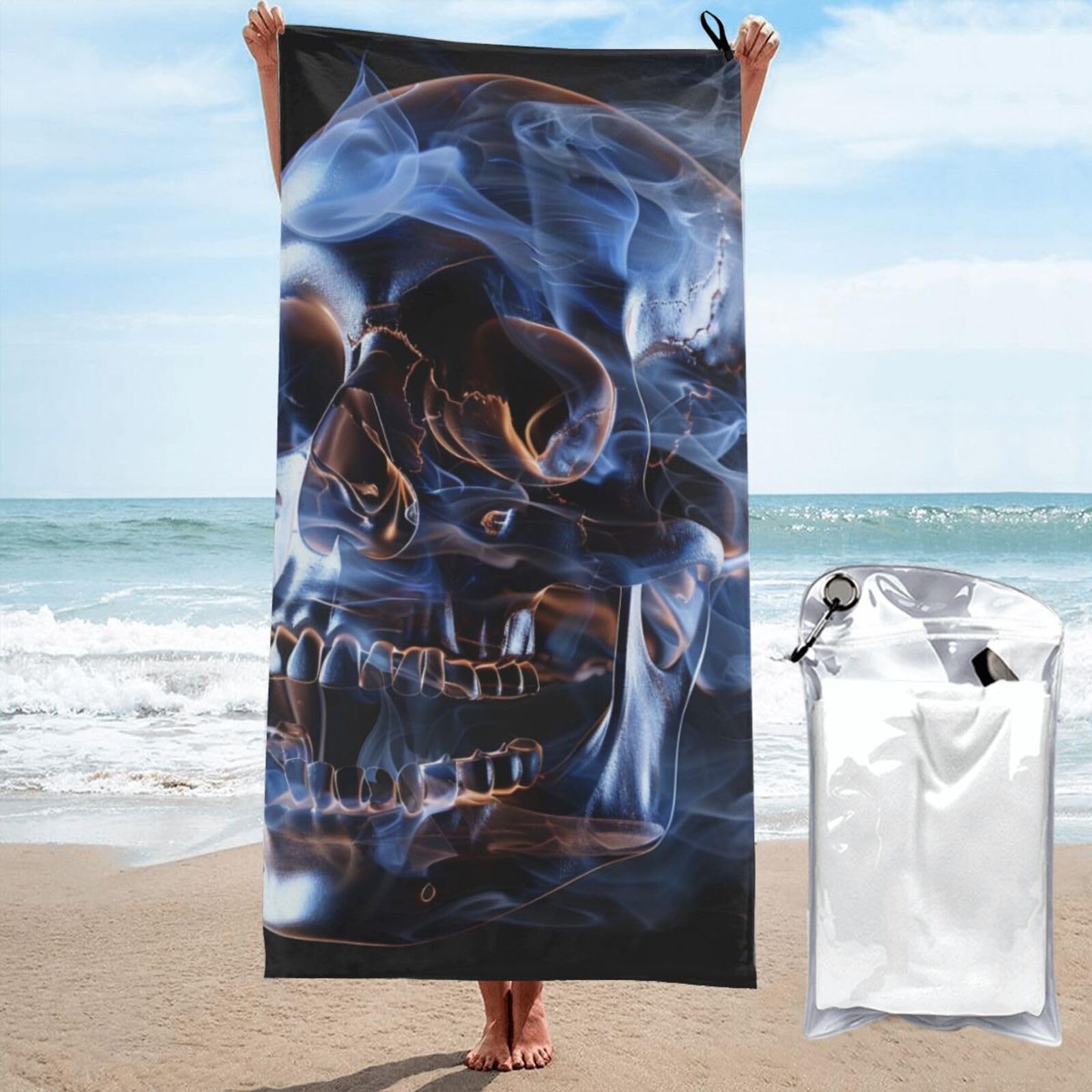 kkvhhyuo Microfiber Beach Towel, Skull Printed Lightweight Quick Dry Travel Bath Sheet with Compact Carry Bag for Swimming Yoga Camping Gym,31.5"x63"