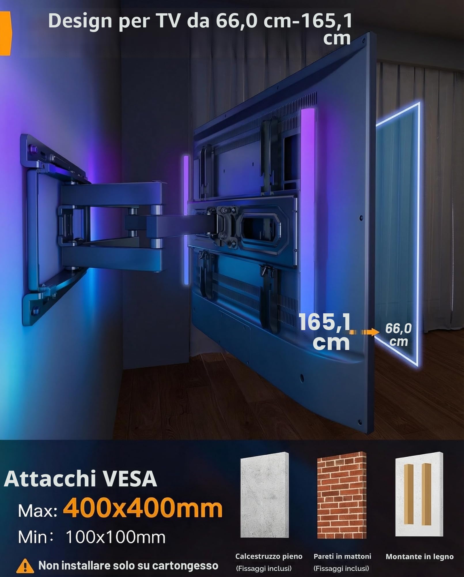 Perlegear Supporto TV Parete, con Luci LED per TV da 26 a 65 Pollici Fino a 45 kg, VESA Max 400x400 mm, Rotazione Estensione Inclinazione e Retroilluminazione Musicale PGMF20