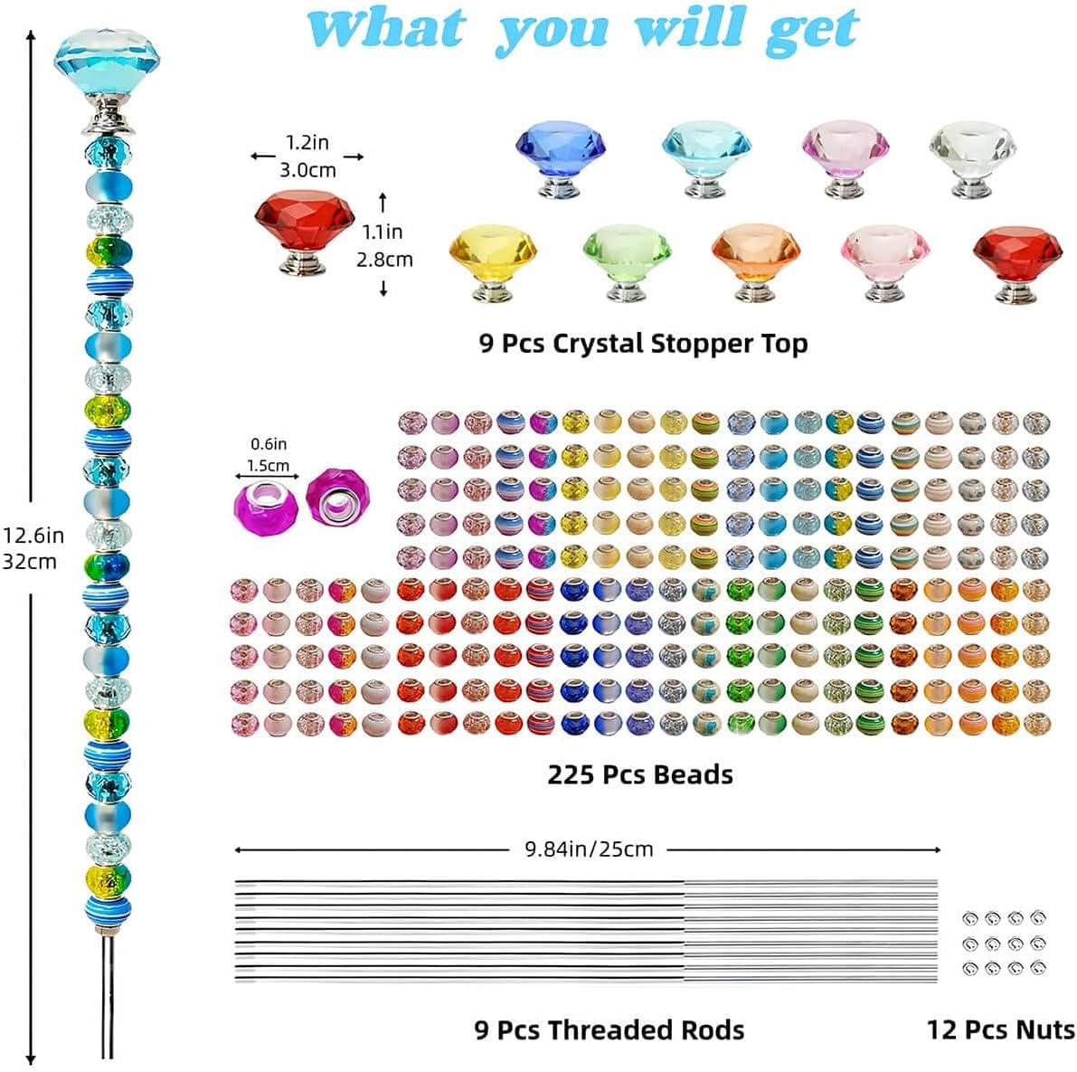 255Pcs Beaded Garden Stakes Kit with Large Hole Beads and Crystal Diamond, DIY Fairy Wand Kit for Different Holidays, Fairy Garden Accessories Outdoor, Beadable Items (Crystal Diamond) - Image 5