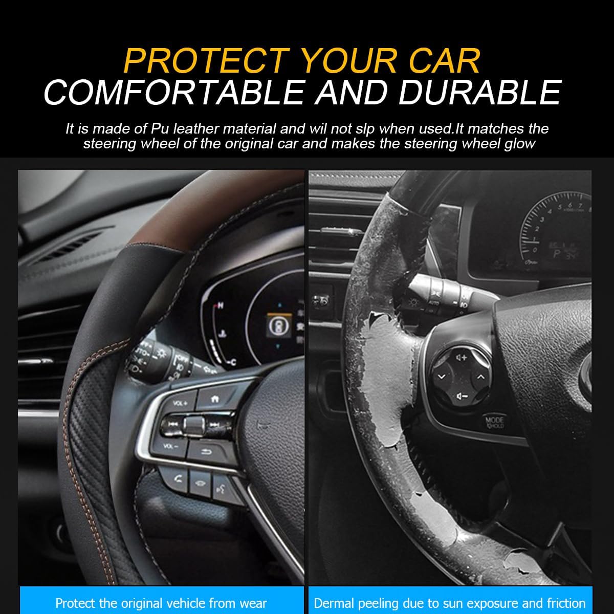 mandark car steering wheel cover, 15 inchs microfiber leather non-slip vehicle steering wheel protector, breathable auto interior protection accessories, universal for suv sedan truck (black/brown)