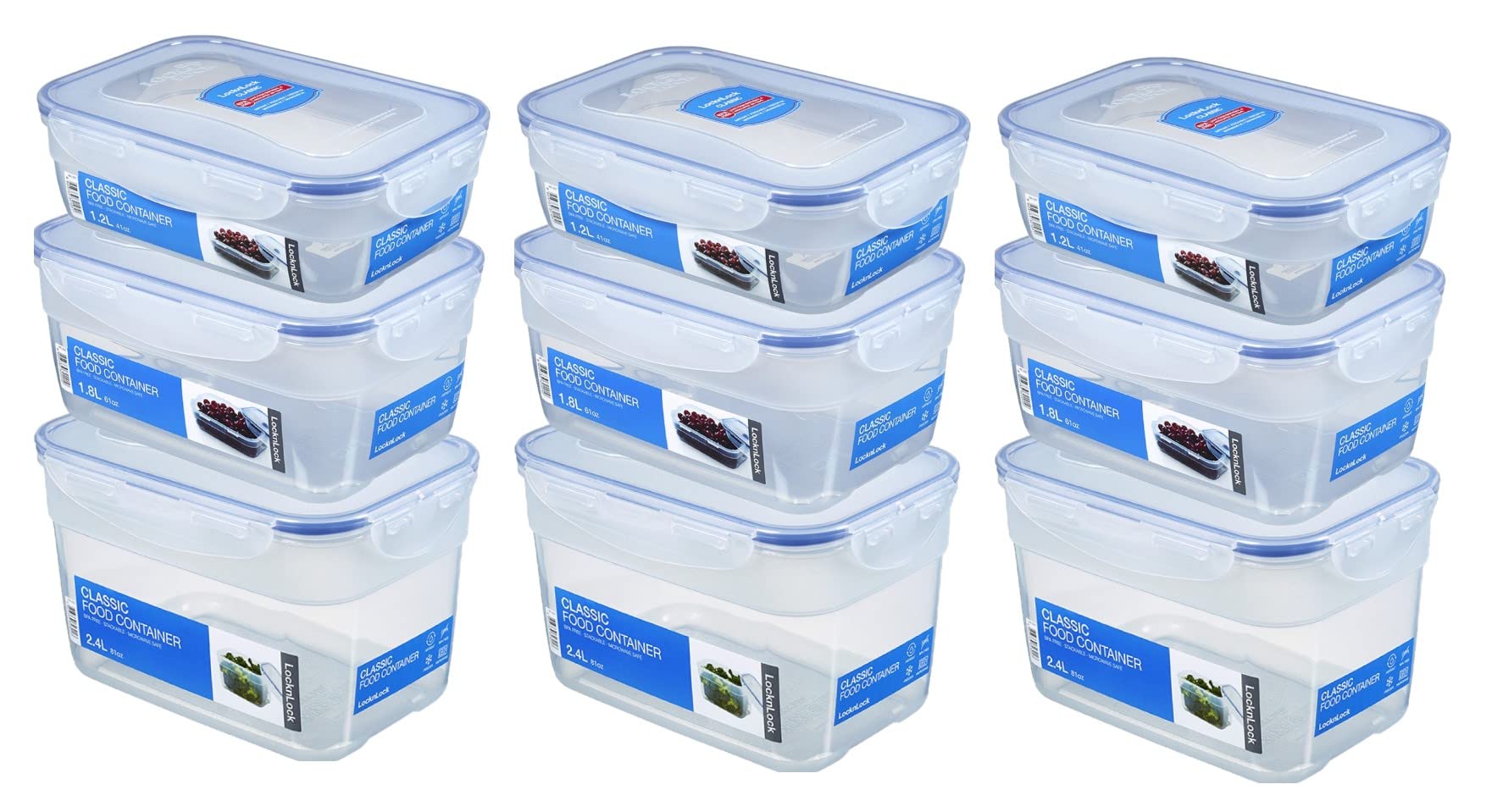 Lock&Lock 9-częściowy zestaw pojemników na żywność z taką samą pokrywką (3 x pudełko 1,2 l, 3 x 1,8 l, 3 x 2,4 l), możliwość układania w stos, pusta w sobie i wielofunkcyjna szpachla do drewna oliwkowego SeleXions