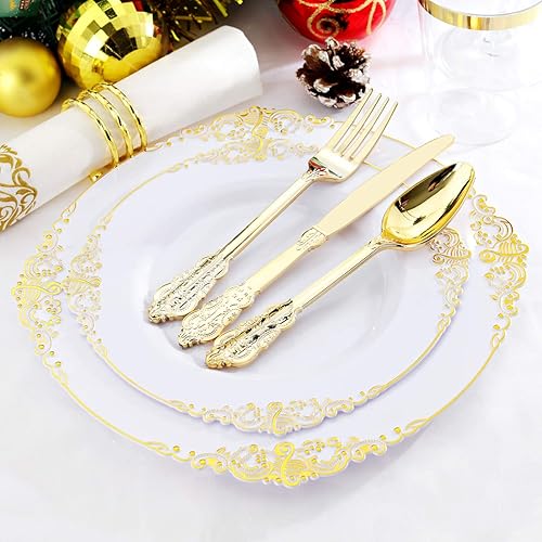 Miniatura 5 de Nervure 175 platos de plástico blanco y dorado, 350 platos de plástico blanco y dorado