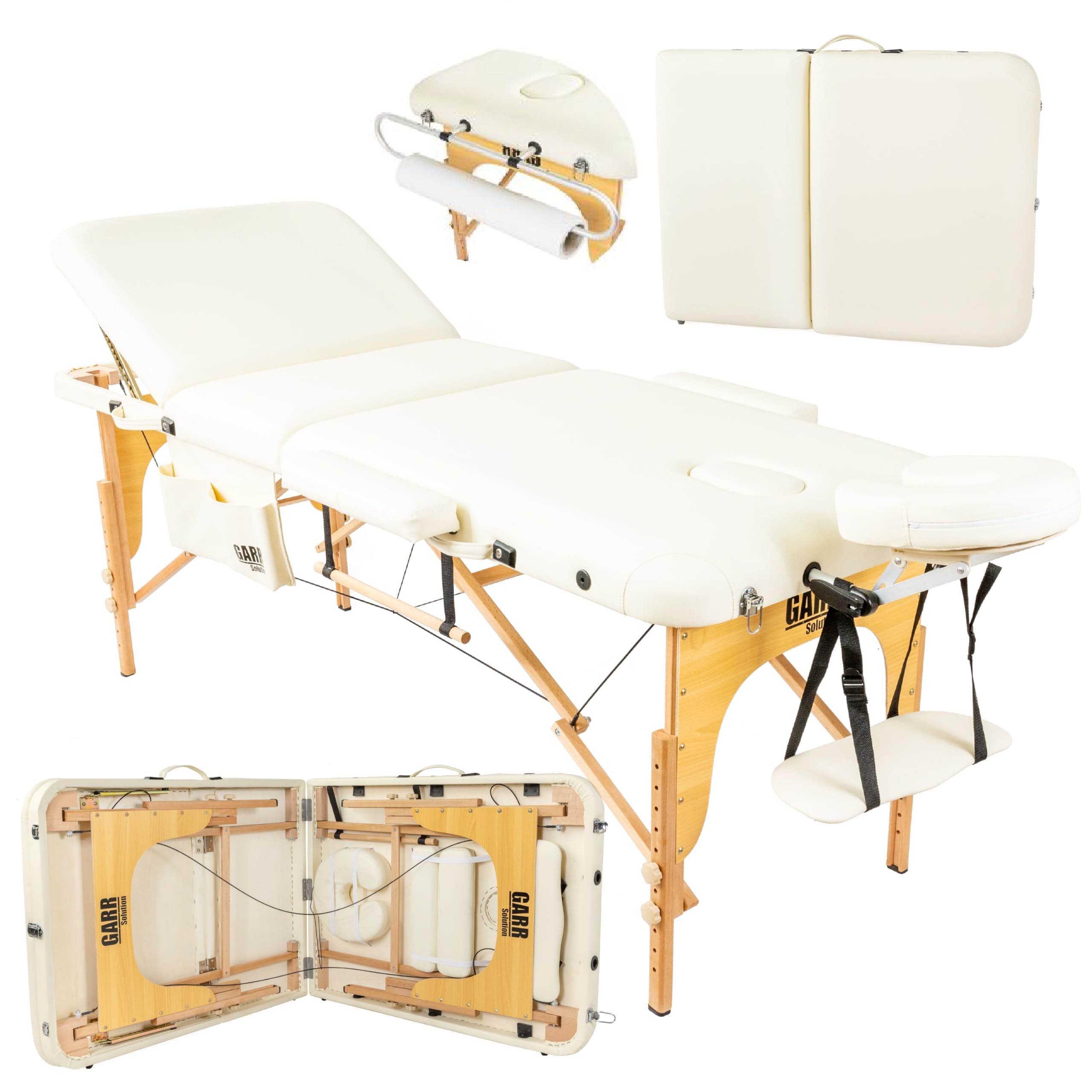 Lettino Massaggio Portatile 3 Zone in Legno, Professionale, Pieghevole e Leggero - 185x70 H62/87cm - con Porta Rotolo e Accessori - Adatto per Estetista, Fisioterapia e Tattoo - Crema