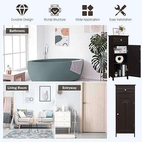 Miniatura 8 de HAPPYGRILL Armario de piso de baño, organizador de armario de almacenamiento de piso de una sola puerta con cajón y estantes ajustables de 3