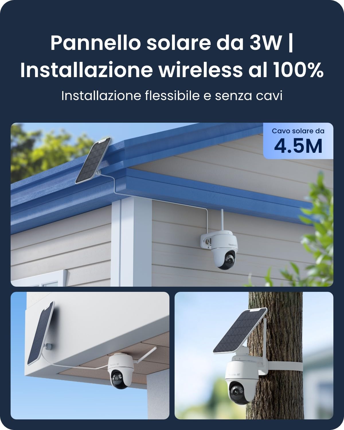 Reolink 4K Telecamera Wi-Fi Esterno con Batteria e Pannello Solare, 360° PTZ Senza Fili, 2,4/5 GHz WiFi, Rilevamento Uomo/Auto/Animale, 8MP Visione Notturna a Colori, Sirena/SD/Cloud, Argus PT Ultra