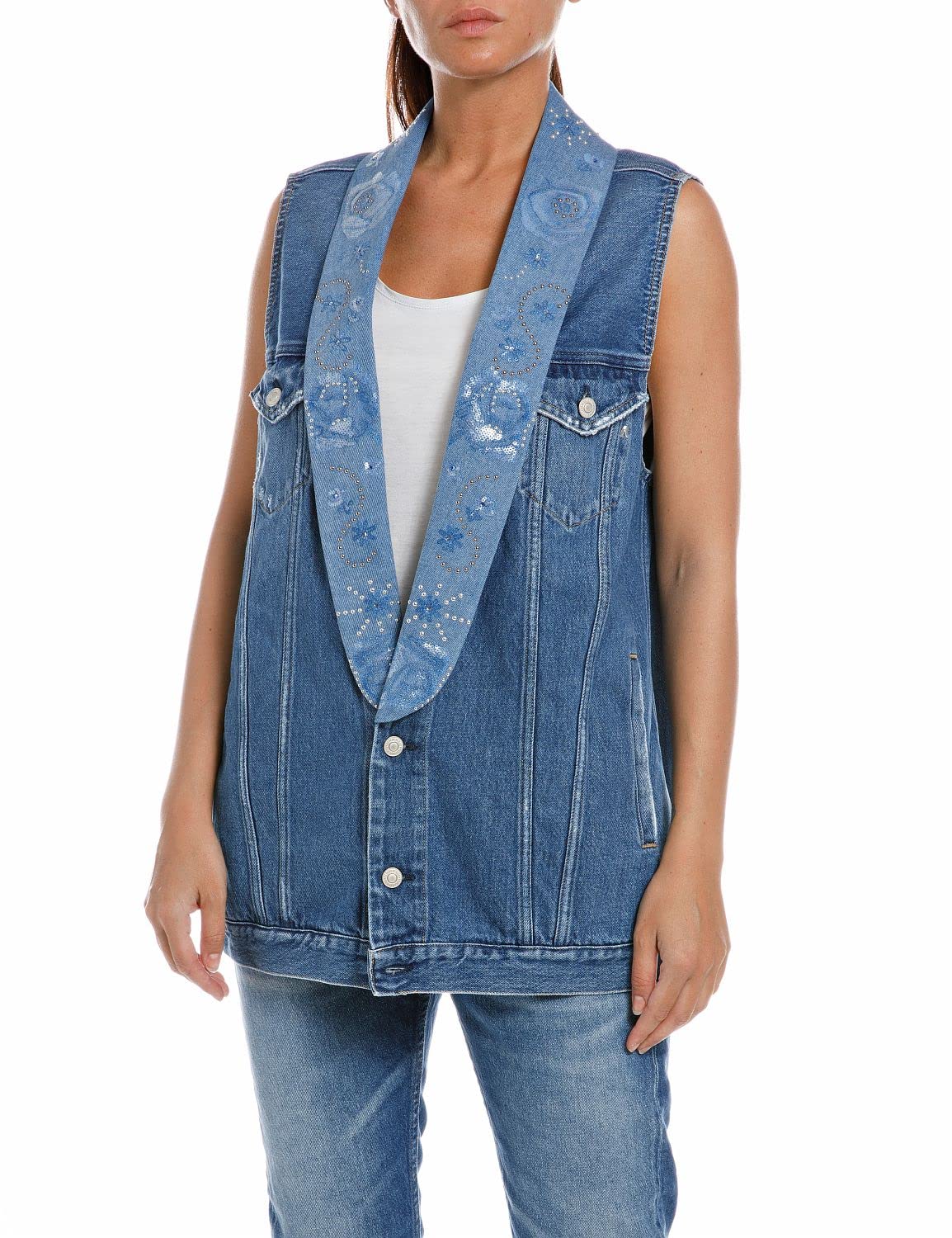 Replay women's denim vest with sequins, Medium Blue 009 (Blue), S