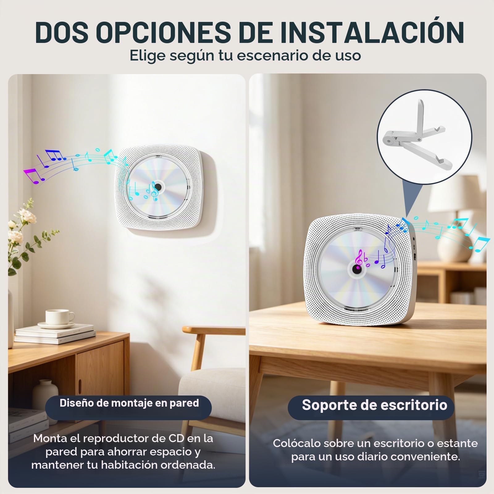 WOLFANG Reproductor de CD portátil Bluetooth para casa y Exterior, con Altavoces, batería Recargable 4000 mAh, Radio FM, USB, Mando a Distancia, Montaje en Pared y Soporte de Mesa