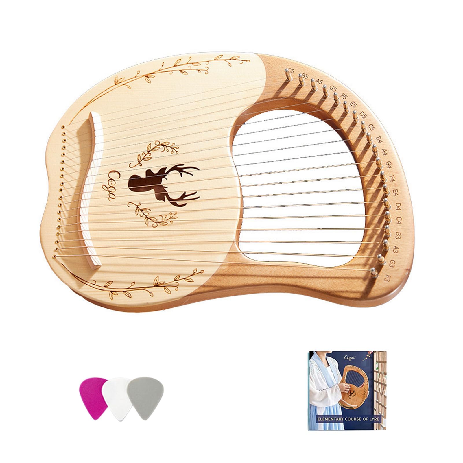 Arpa Lira a 19 Corde Arpa Lira Strumento a Corde Scatola di Risonanza in Legno in Acciaio Note Incise Portatili con Chiave per Accordatura e Guida per Principianti (Naturale)