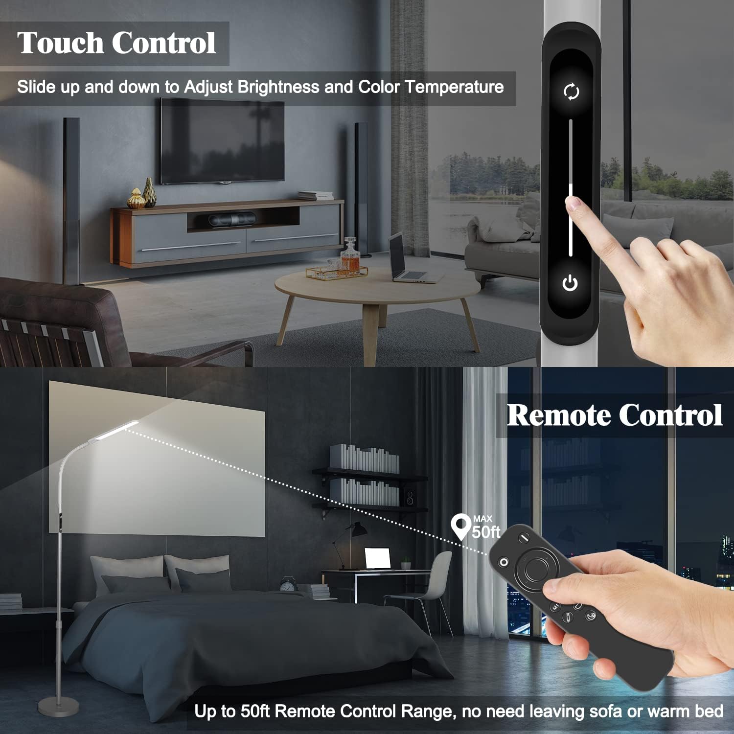 NXONE Led Floor Lamp,Modern Reading Adjustable Standing Height 4 Colors and Stepless Brightness Work Lamp for Living Room Bedroom Reading, Black