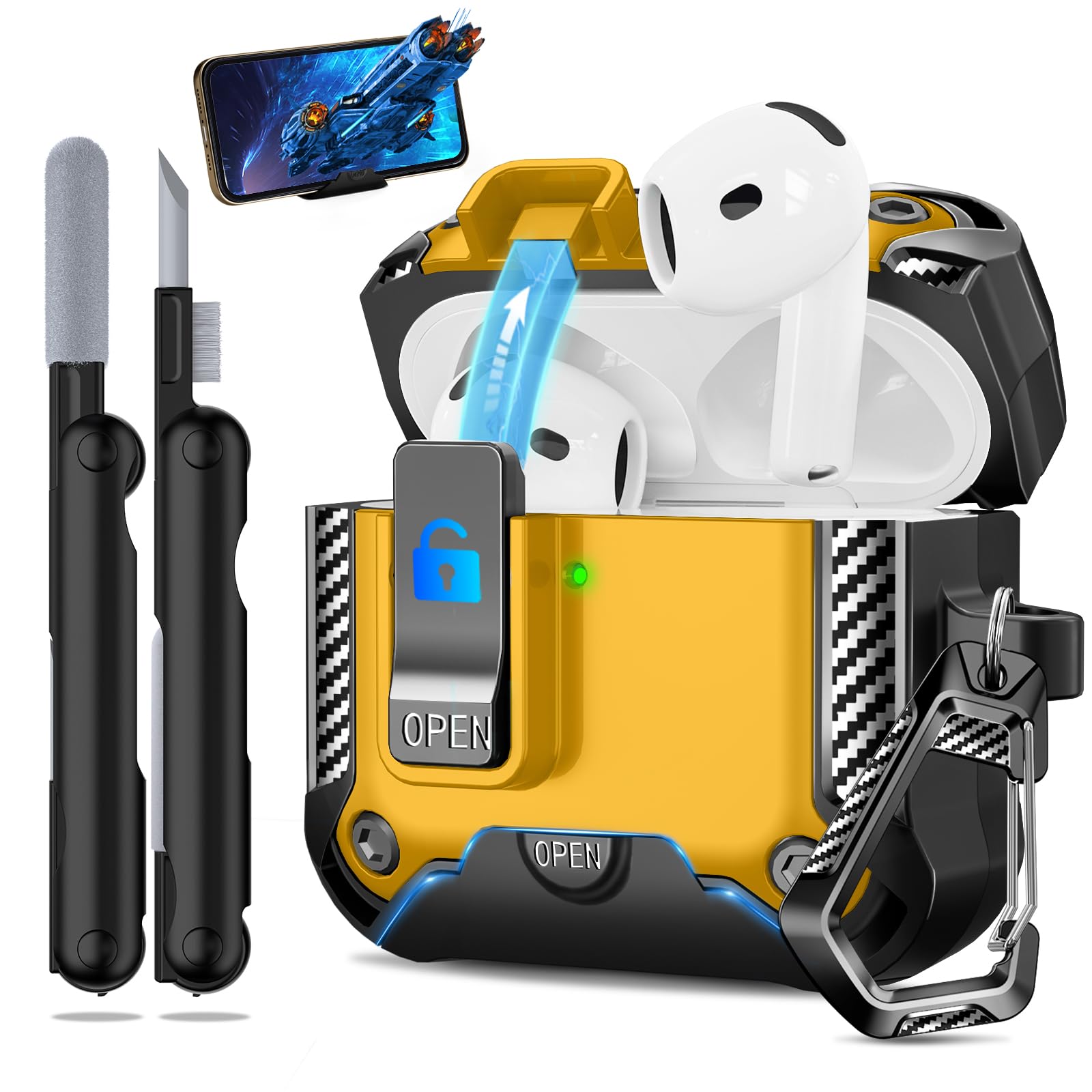 Secure Lock Case for AirPods 4 with Phone Stand, Cleaning Kit & Keychain, Shockproof Protective Cover Compatible with Apple AirPods 4th Gen 2024 for
