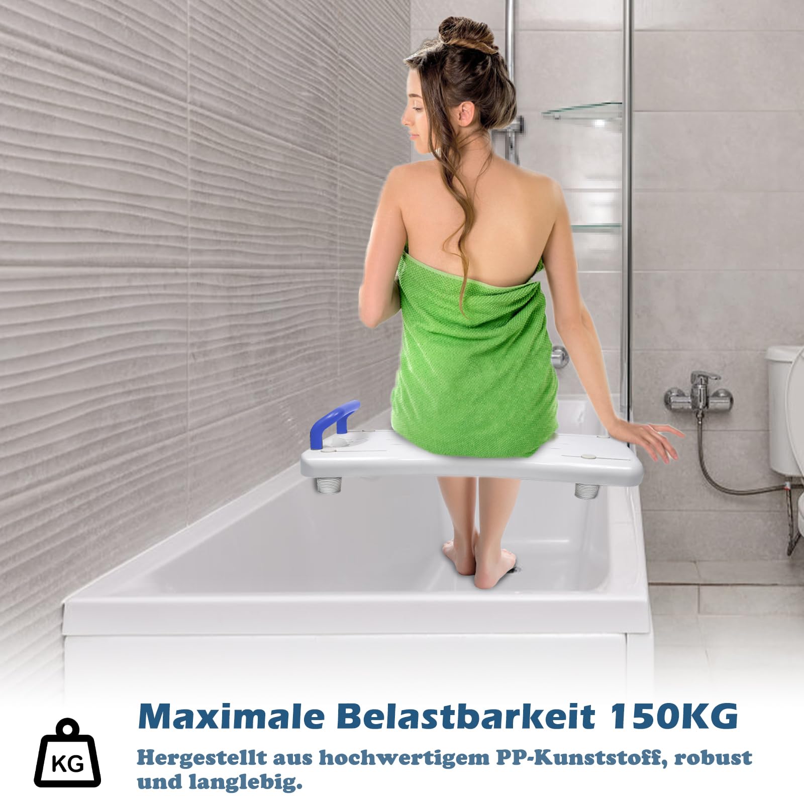 LARS360 Badewannenbrett Badewannensitz Senioren Erwachsene Einstellbar Wannenbrett zum Sitzen Brett für Badewanne Sitzbrett Stuhl für Badezimmer Max 150 kg mit Blau Griff, Weiß