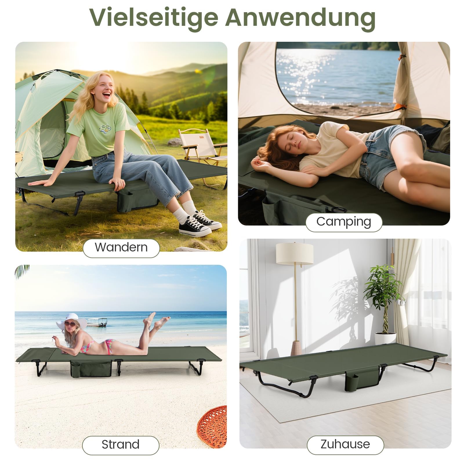 FANTASK Lettino da campeggio pieghevole, leggero, ultraleggero da campeggio con tasca laterale, portatile, 193 x 70 cm, portata 150 kg, per campeggio, viaggi, spiaggia, verde