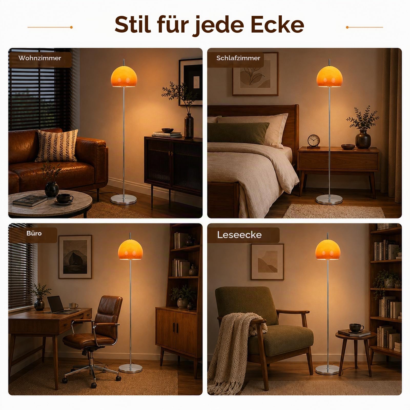 Orangefarbene Pilz-Stehlampe 161 CM Mit Glaskugel Für Wohnzimmer | Mid-Century Modern, Sunset-Glaskugel, E27, 3 Farbtemperaturen, Fußschalter, Hohe Chromstange Für Schlafzimmer Und Büro