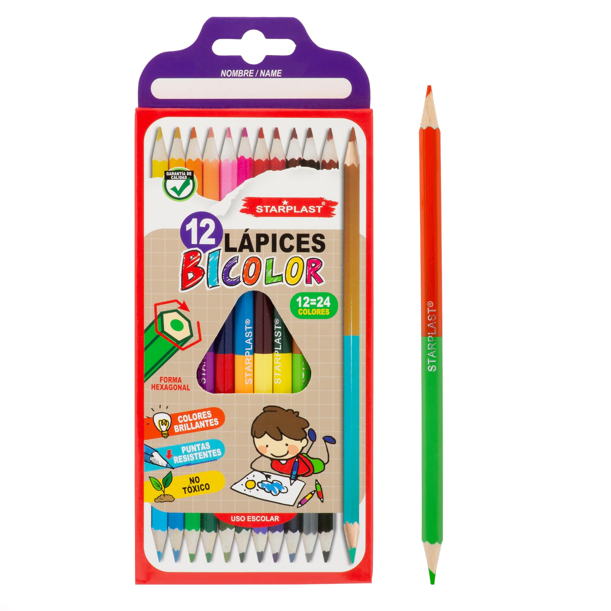 Starplast 12 LÁPICES DE COLORES BICOLOR Set de 12 lápices de colores bicolor, para dibujo artístico, para colorear. Uso escolar y artístico.