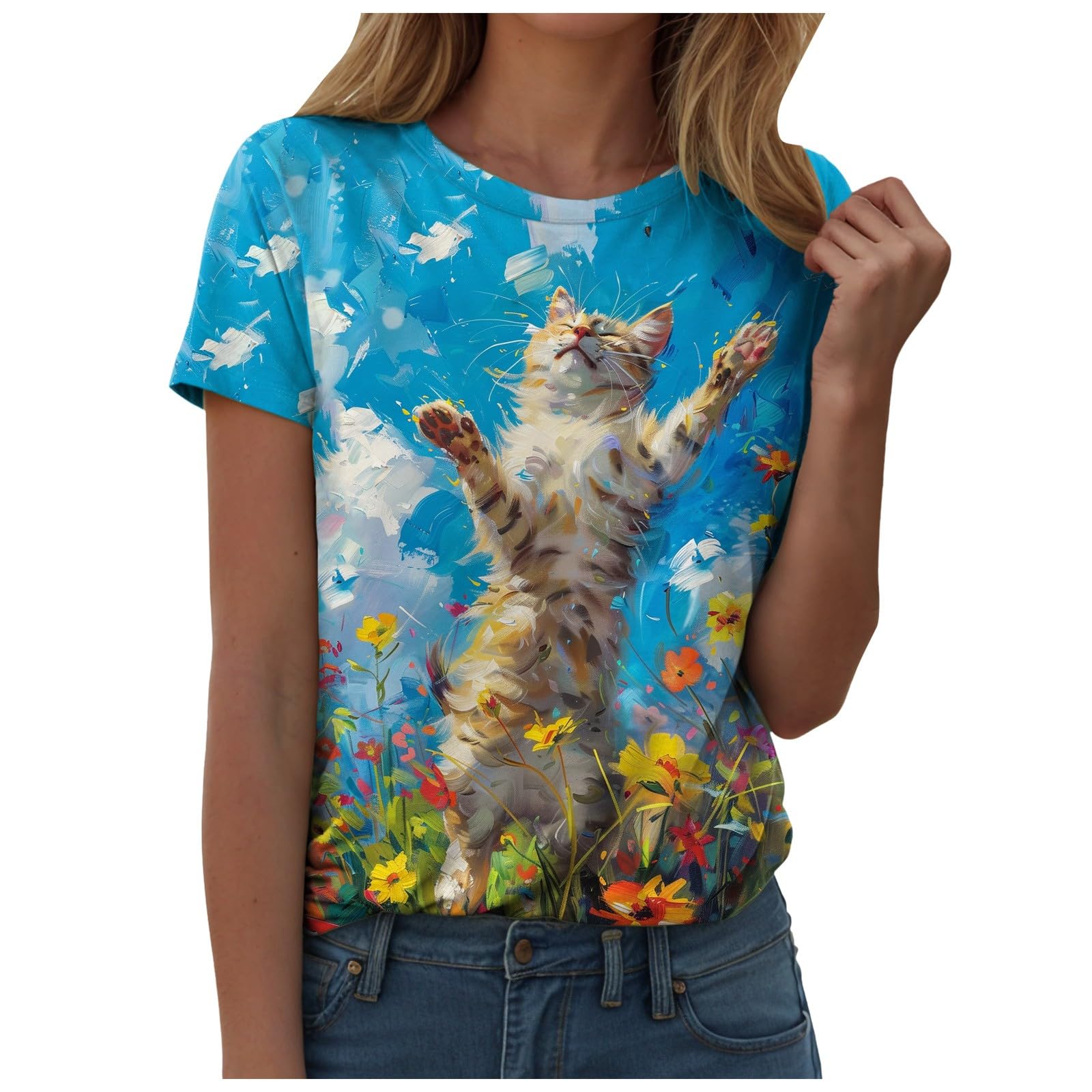 Camiseta De Manga Corta Para Mujer Con Estampado Vintage De Gato - Diseño Pintado Al Óleo, Algodón Cómodo