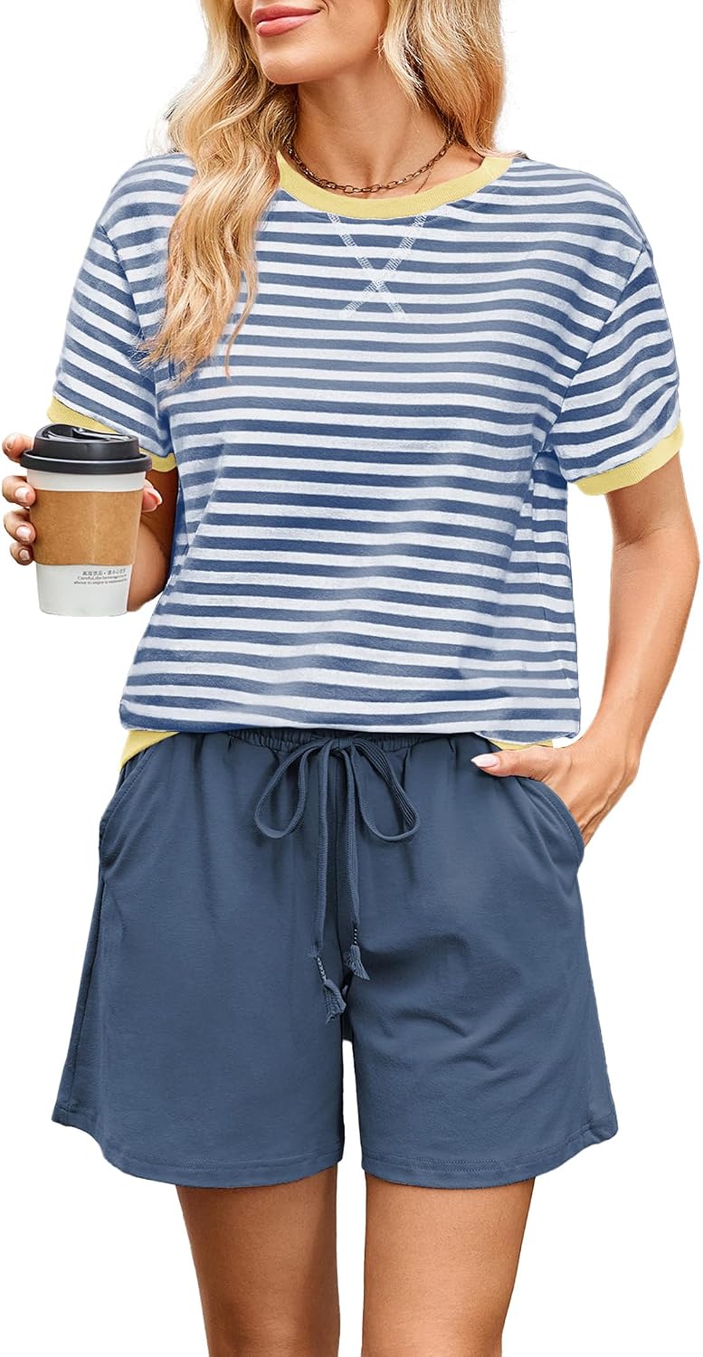 Women's Cozy 2 Piece Outfits Lounge Sets Striped Color Block Short Sleeve Tops Shorts Sweats Track Suits Sweatsuit Set