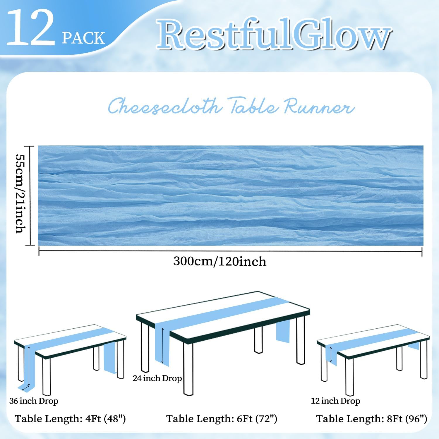 12 Pack Baby Blue Cheesecloth Table Runner 10FT Boho Cheese Cloths Gauze Fabric Table Runners 120 Inch Rustic Sheer for Easter Spring Wedding Birthday Party Baby Shower Holiday Home