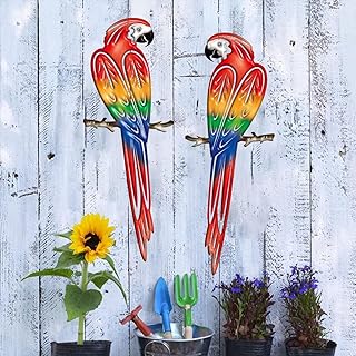 Metal Outdoor Wall Art Decor,3D Colorful Garden Birds Sculpture Outdoor Iron Hanging Parrot Decor, Metal Hand-Made Bird Wall Art Decorations for Fence Patio Balcony Living Room