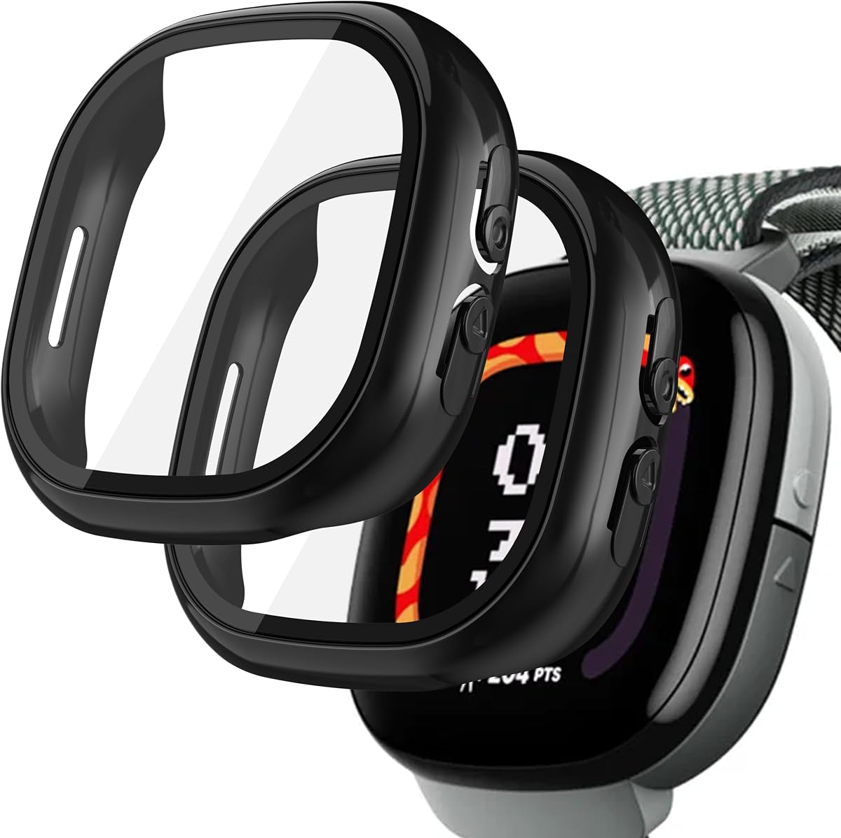 Paquete de 2 protectores de pantalla para funda de reloj inteligente Fitbit Google Ace LTE, funda rígida de PC de vidrio templado con funda protectora de película táctil sensible (negro)