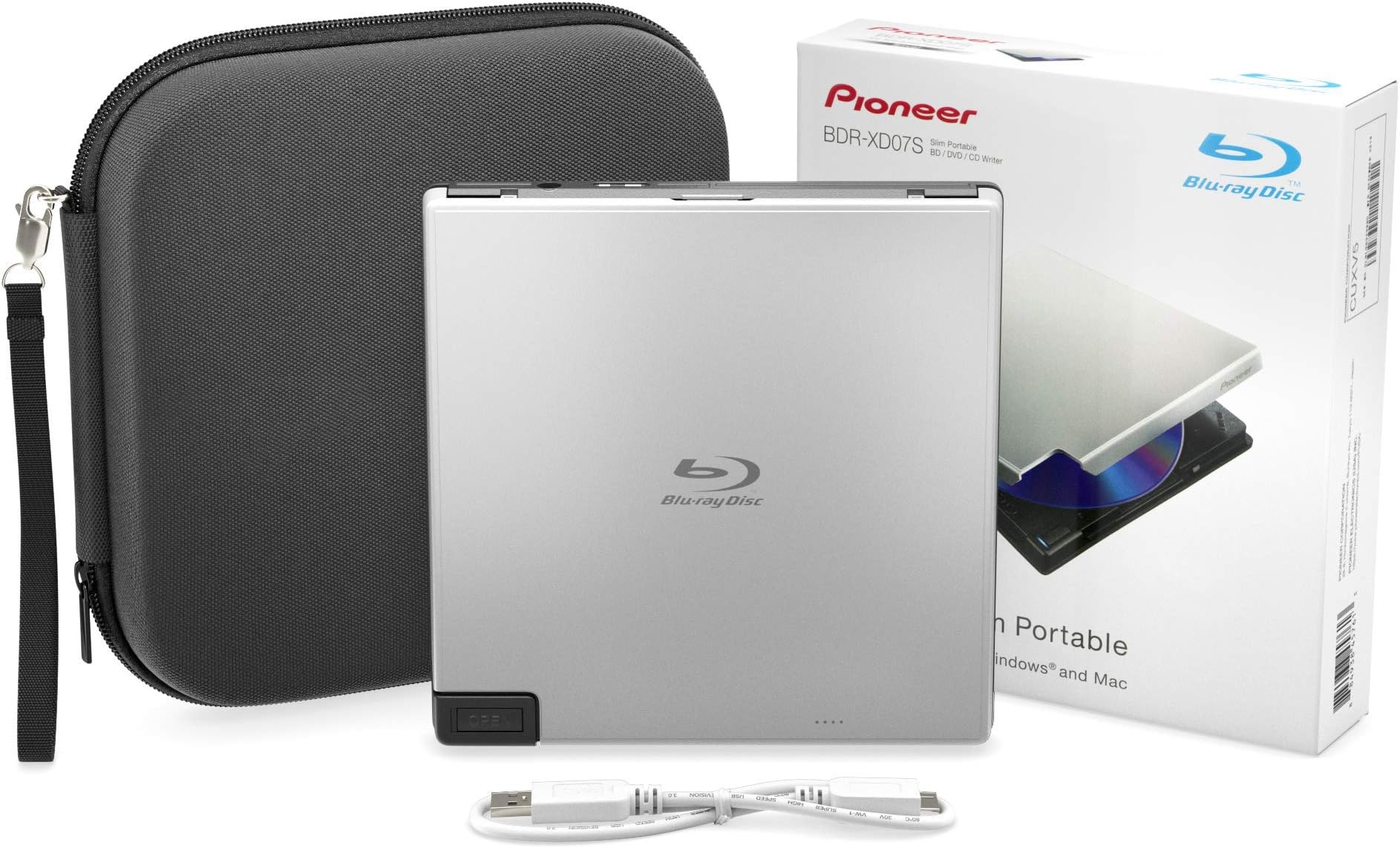 Pioneer BDR-XD05S Blu-Ray Player & Burner - 6X Slim Portable External BDXL, BD, DVD & CD Drive for Windows & Mac with 3.0 USB - Write & Read on MacBook or PC + Includes Carry Case (Silver)