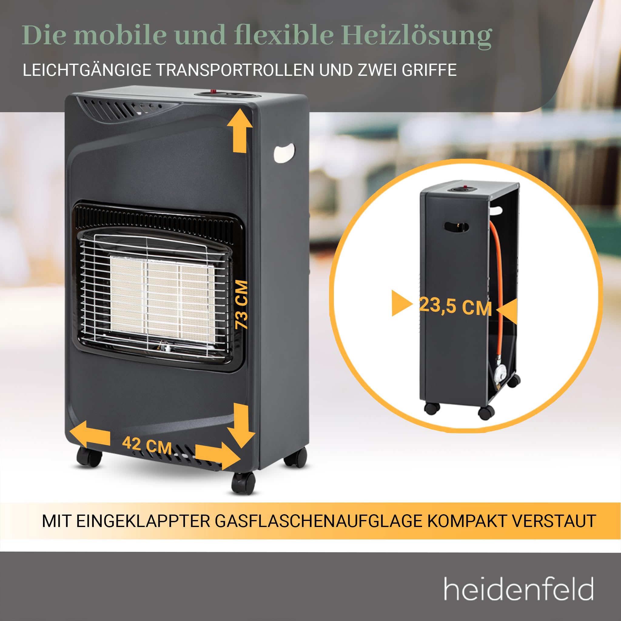 Heidenfeld Gasheizung Inferno GH100 | 𝟑 𝐉𝐀𝐇𝐑𝐄 𝐆𝐀𝐑𝐀𝐍𝐓𝐈𝐄 - 4200 Watt - Heizstrahler - Gasheizung für Innenräume - Gasofen - Gasheizer - Gasflaschen bis 15 Kg - Gasschlauch (Schwarz)