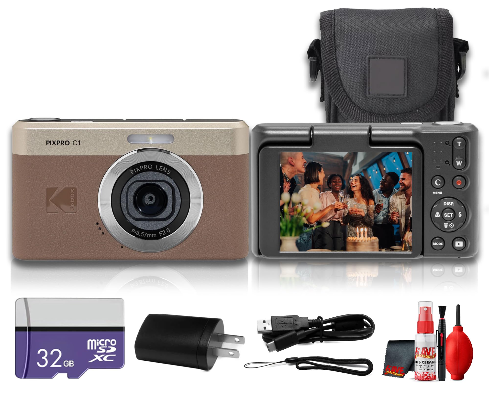 Kodak PIXPRO C1 Compact Digital Camera (Brown), 13MP Point and Shoot Camera for Selfies, Travel, Vlogging and Everyday Photos (C1-BN) + 32GB Card + Camera Bag + Cleaning Kit (7pc Bundle)-image-8