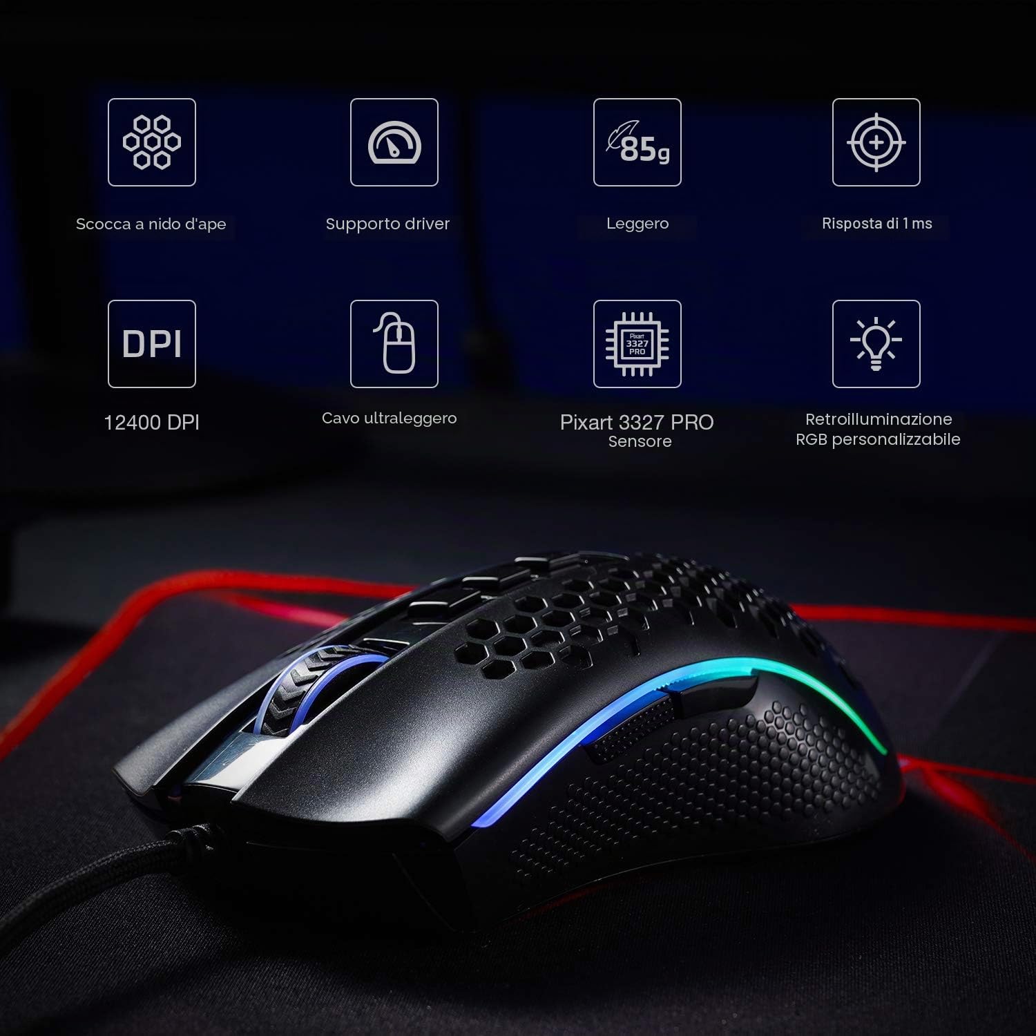 Redragon M808 Storm - Mouse da gioco RGB leggero, guscio a nido d'ape ultraleggero da 85 g - sensore ottico da 12.400 DPI - 7 pulsanti programmabili - registrazione precisa - cavo Super-Lite