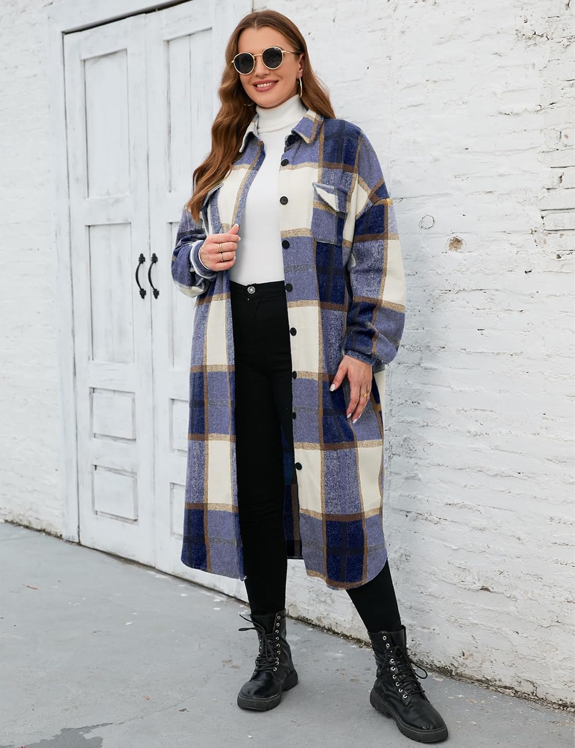 ZOMVA 2025 Women's 0X-5X Plus Size Long Flannel Plaid Shacket Jacket Oversized Button Down Coats Shirts with Pockets - Image 2